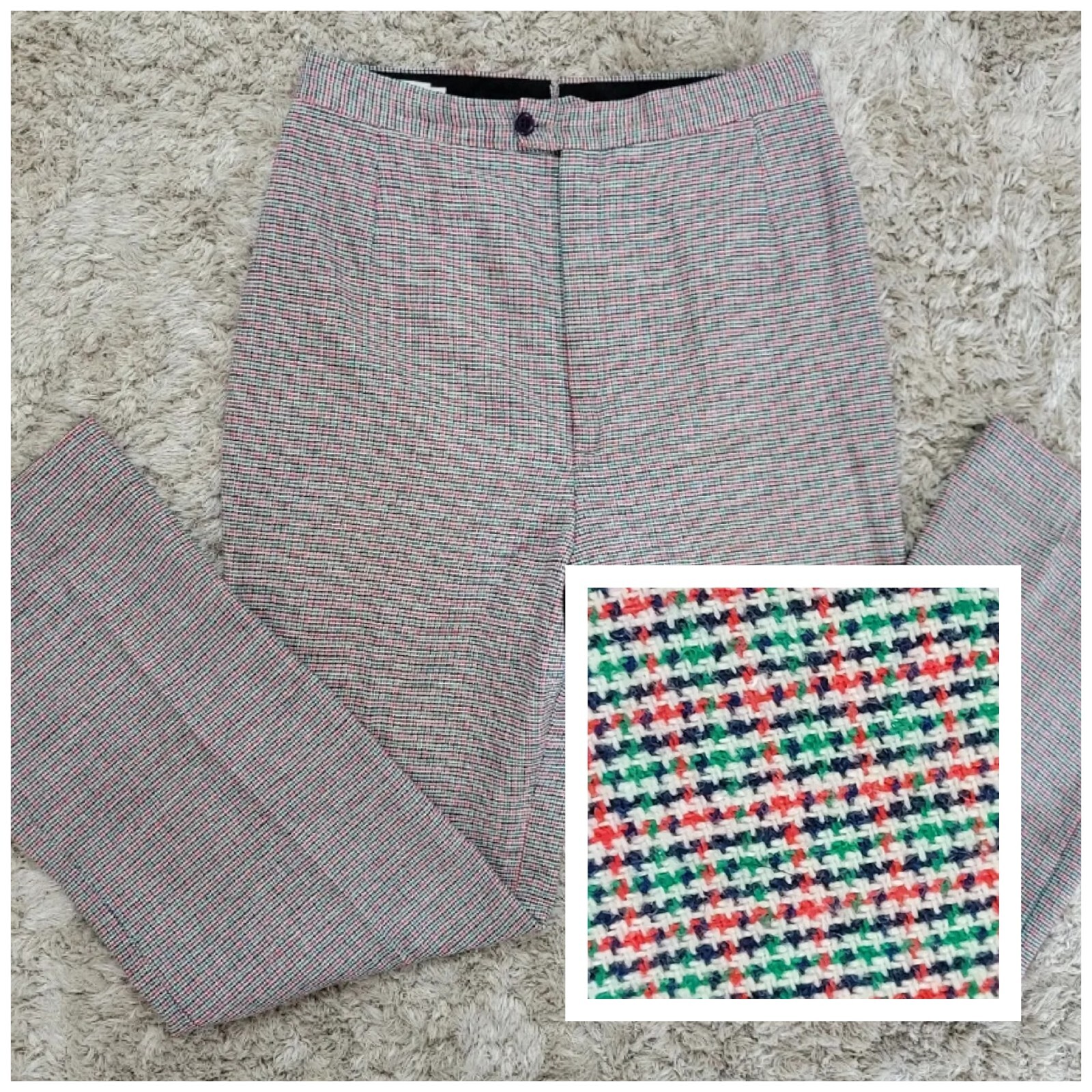 Vtg Saks Fifth Avenue Wool Trousers in Navy/Red/Green/Tan Houndstooth Size 11/12