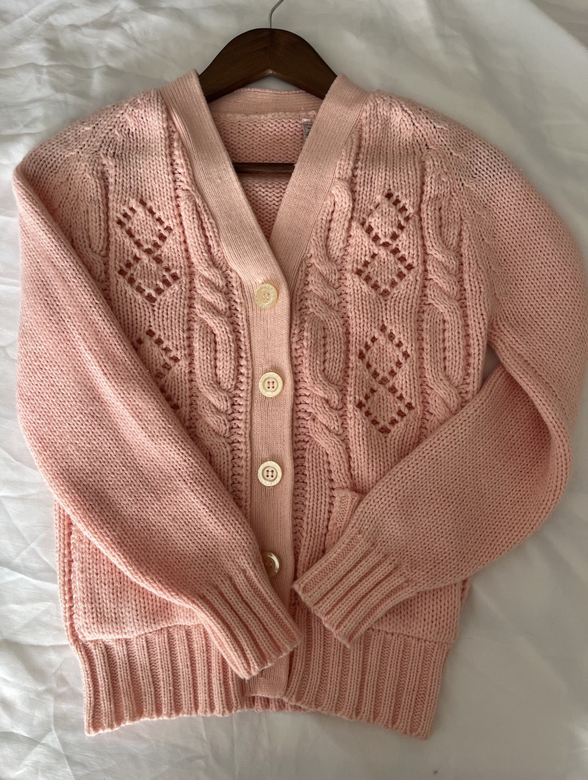 Rare Vintage Baby Pink Chunky Knit Cardigan Sweater Size S 60s 70s W/ Pockets