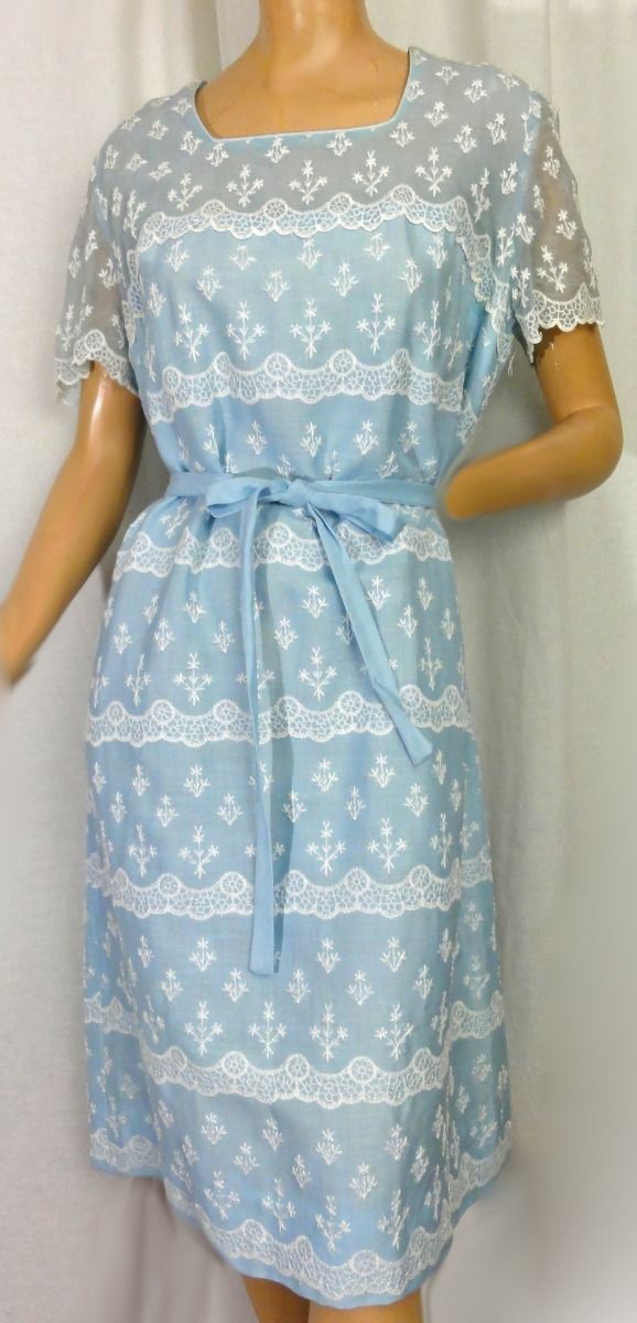 Vintage 1950s Baby Blue Garden Party Dress Lacy Floral Embroidery Summer Sheath