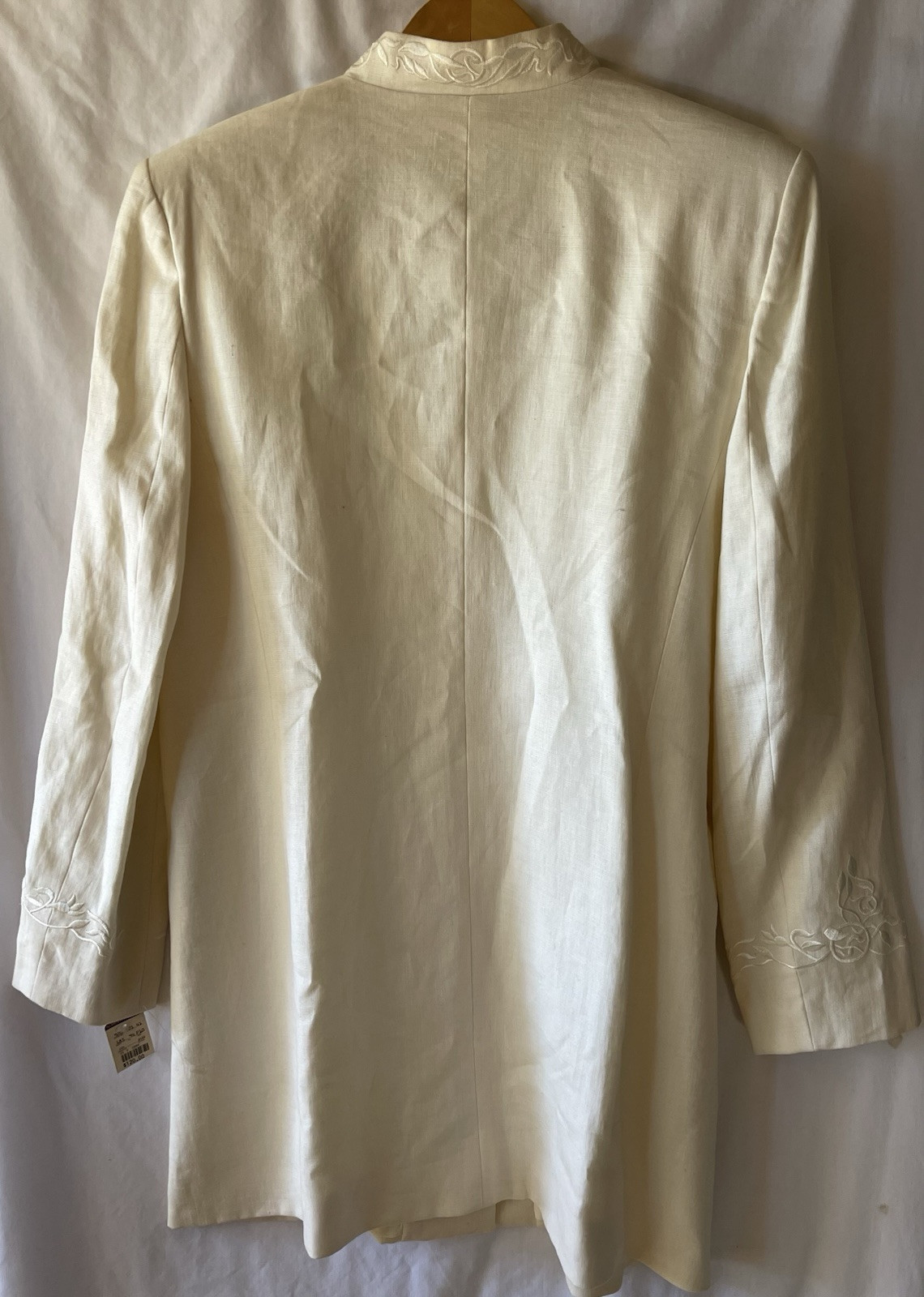 Vintage VALERIE STEVENS Pure Linen, 12, Cream Long Blazer Mandarin Collar NWT