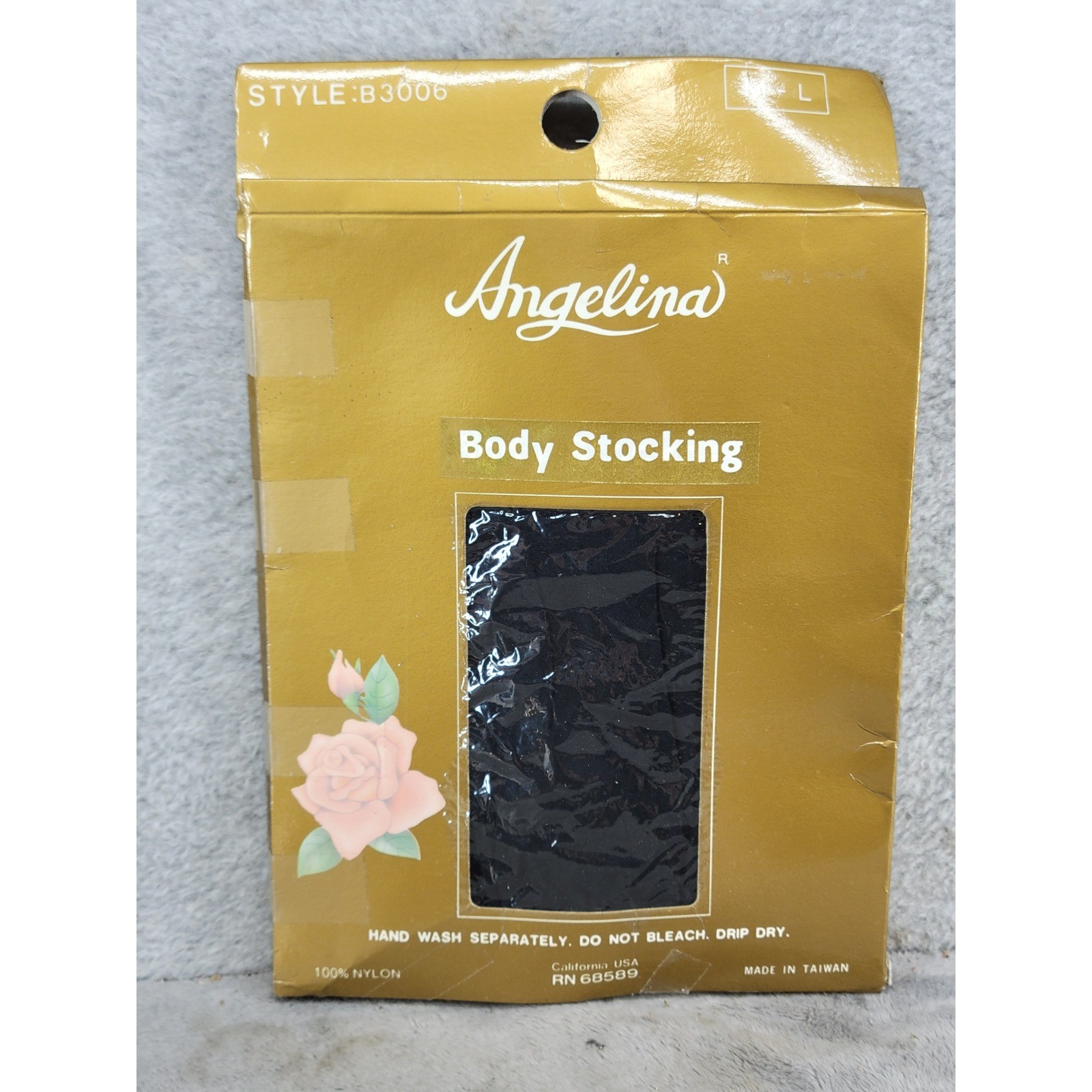 Angelina Vintage Black Open Crotch Body Stocking B3006 One Size M-L 100% Nylon