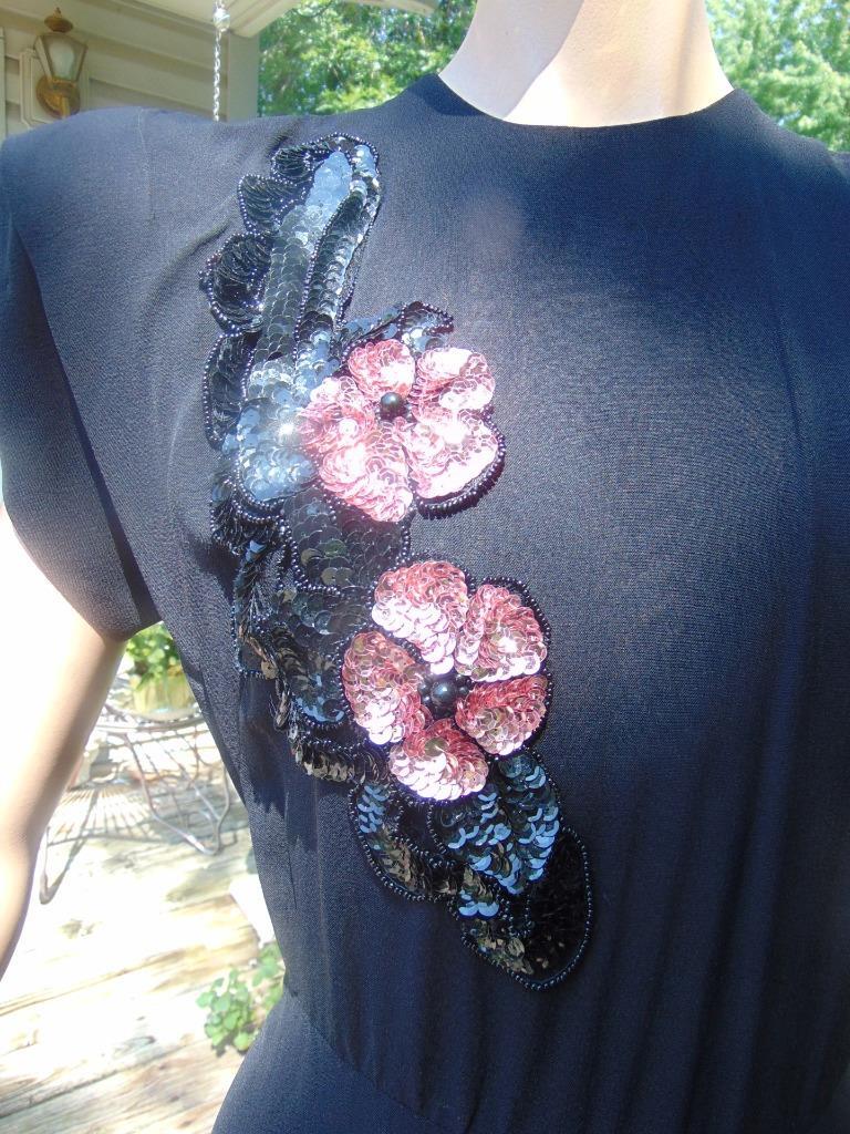 VTG 40s Black Rayon Sequin Cocktail Dress Back Drape 28W