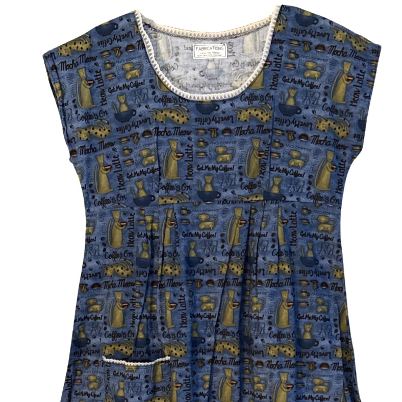 VTG Handmade Cats Coffee Print House Farm Dress Womens L CHARMING Fabric Retro