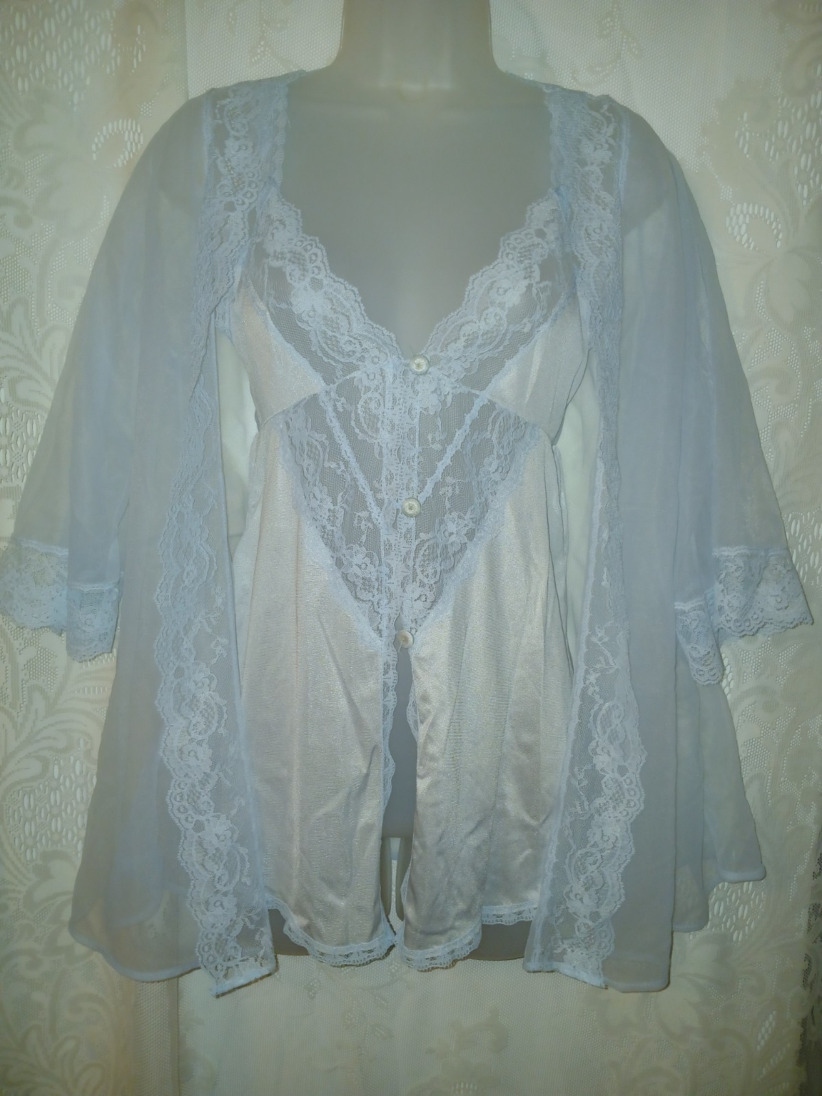 Vintage 70s Blue Sheer Chiffon Nylon Lace Nighty Peignoir Robe Lingerie Set XS