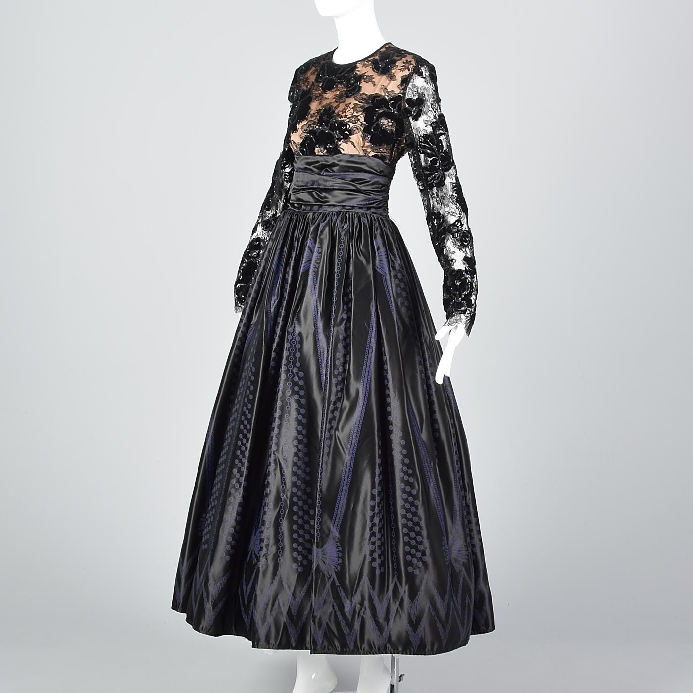 M Vintage 1980s 80s Zandra Rhodes Designer Black Formal Evening Gown Maxi Dress