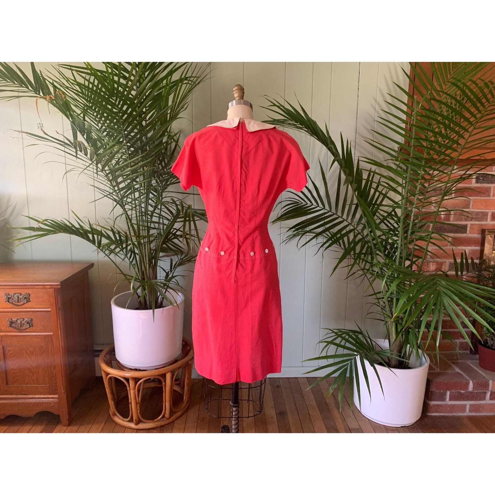 Vintage 1960s Red Dotted Swiss Cotton Dress White Collar Yellow Red Scarf