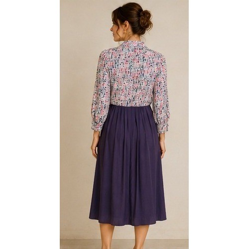Vintage Handmade Abstract Mixed Media Midi Shirt Dress Pleated Pockets L/XL