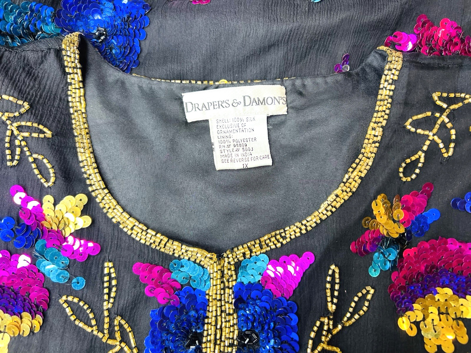Vtg Drapers & Damons 1X Silk Colorful Sequins Beads Jacket Cardigan Plus Formal