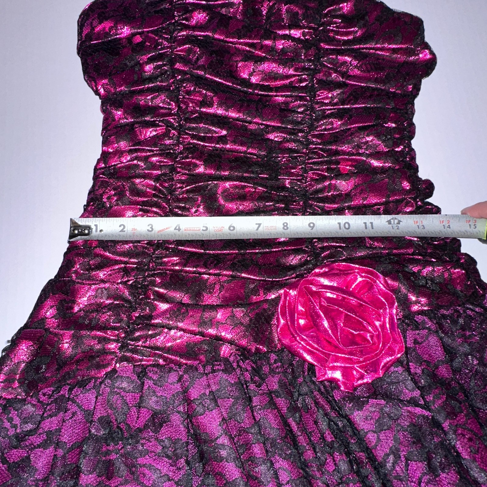 VTG Night Moves Prom Dress Sz 5/6 Fuchsia Pink Metallic Black Lace asymmetrical