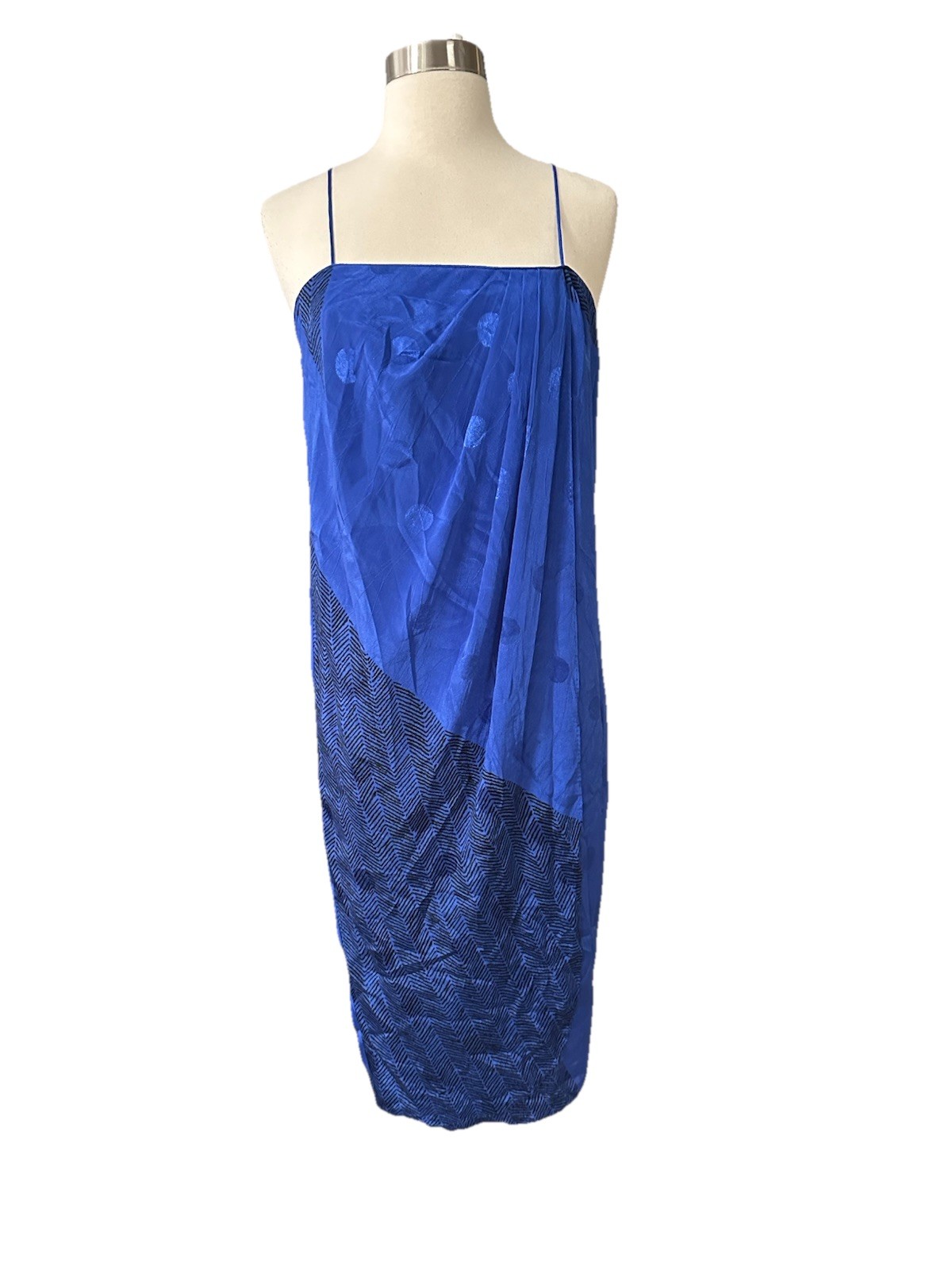 Blue Vintage 80’s Satin Print Rayon Slip Dress Faux Wrap Medium Evening Studio54