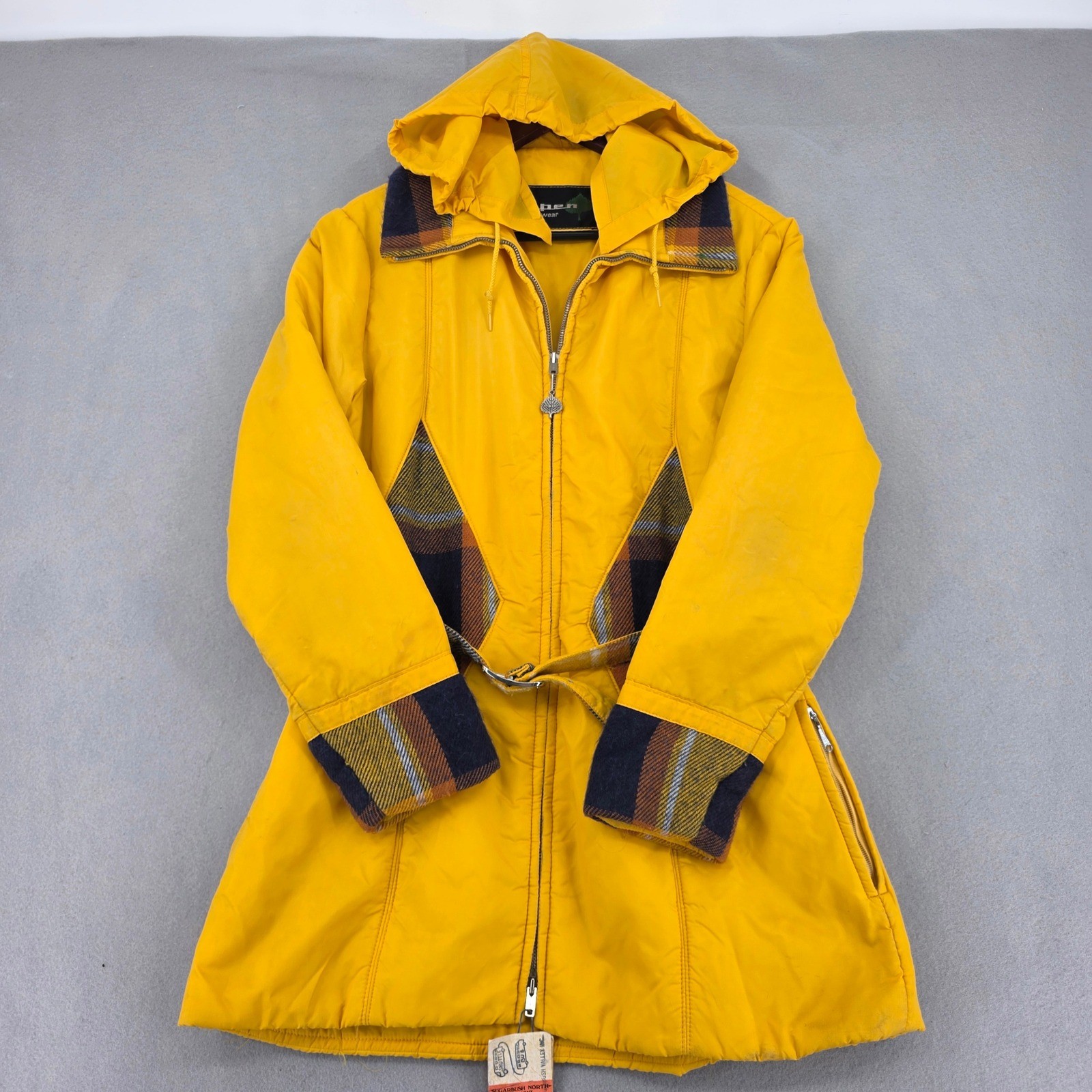 Vintage Aspen Skiwear Yellow Plaid Belted Parka Jacket Hooded 70s Sugarbush Tag
