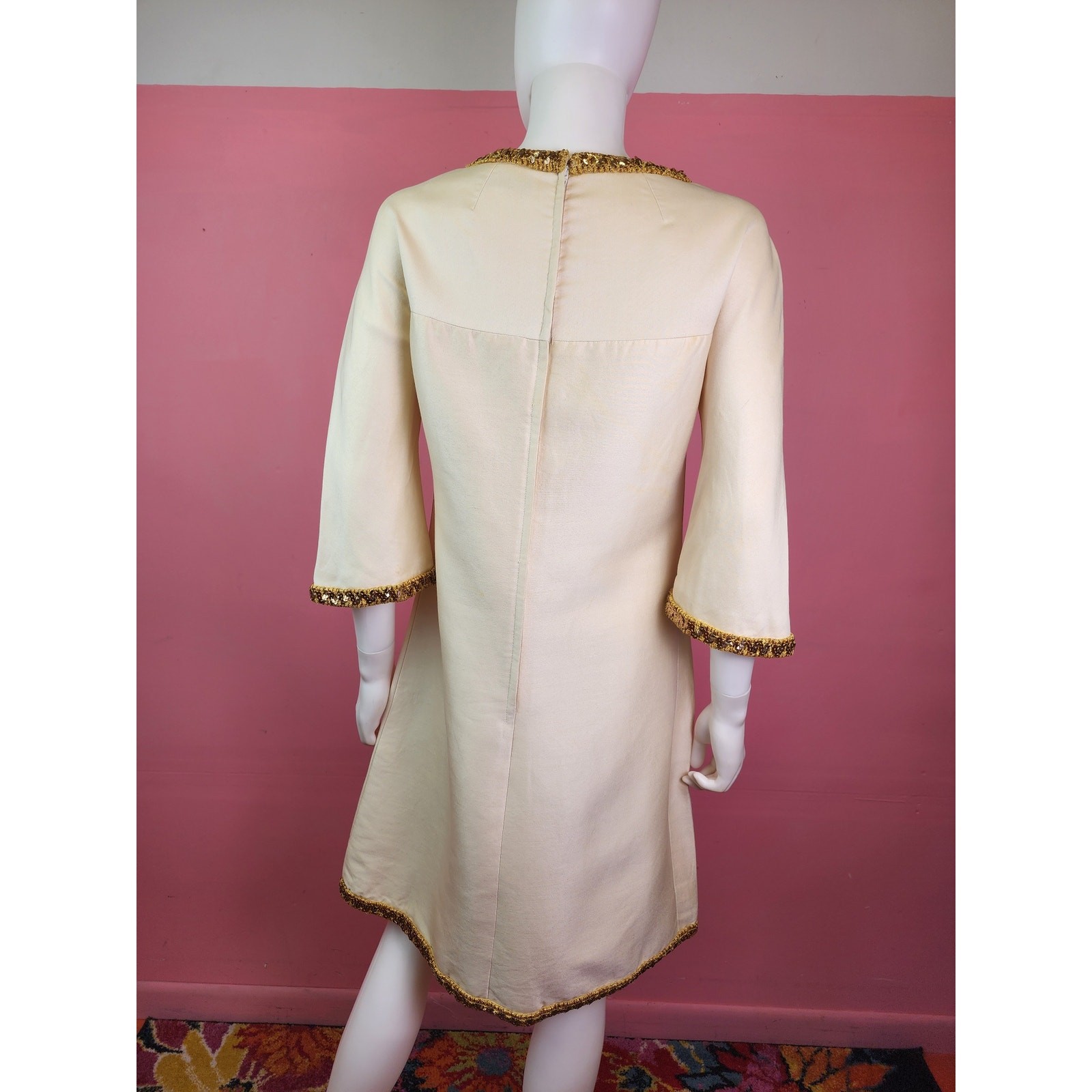 Vintage 1960’s Champagne Cream Gold Cord Trim Rhinestone Shift Dress I. Magnin