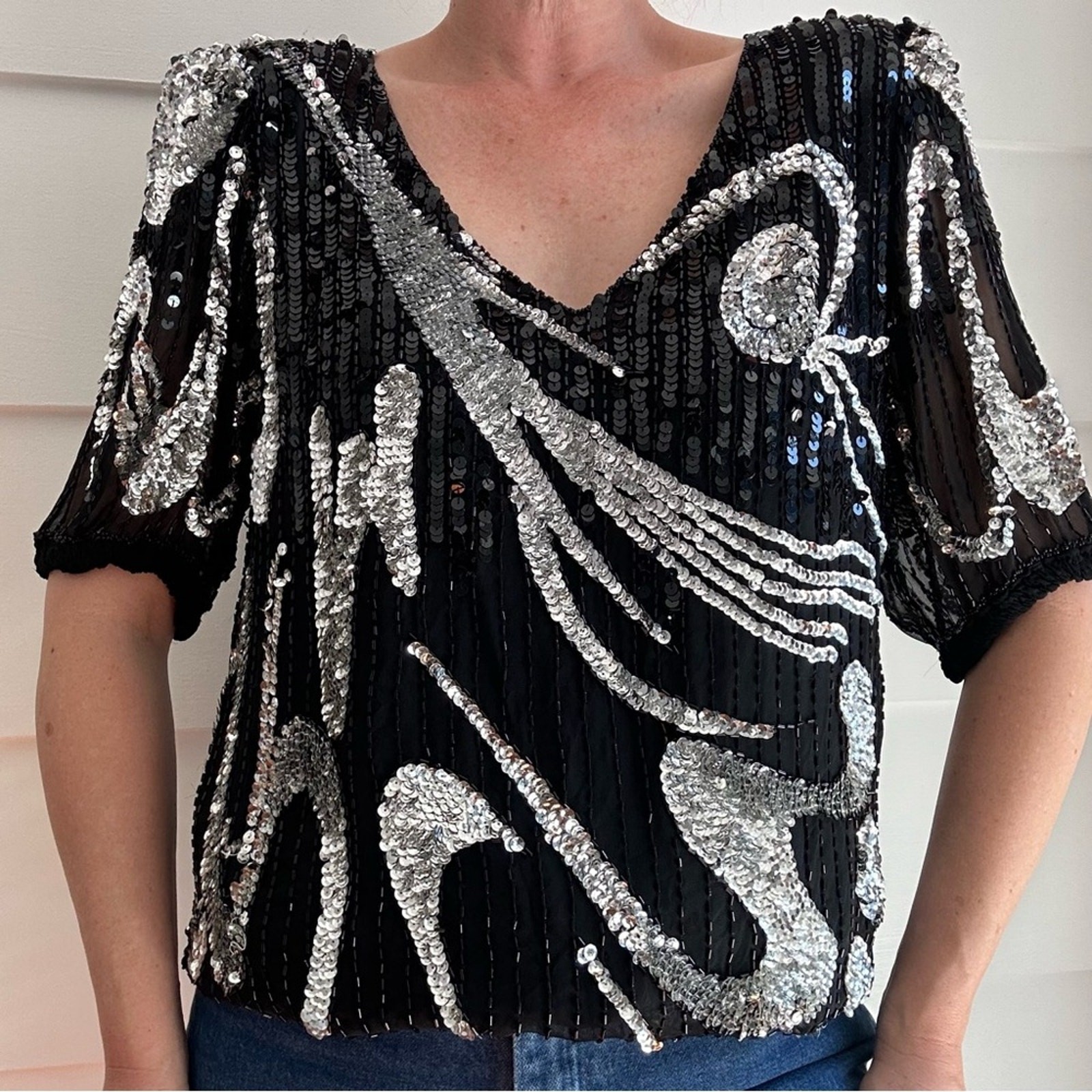 Vintage Oleg Cassini Silk Sequin and Beaded Blouse Holiday Party Festive Glam
