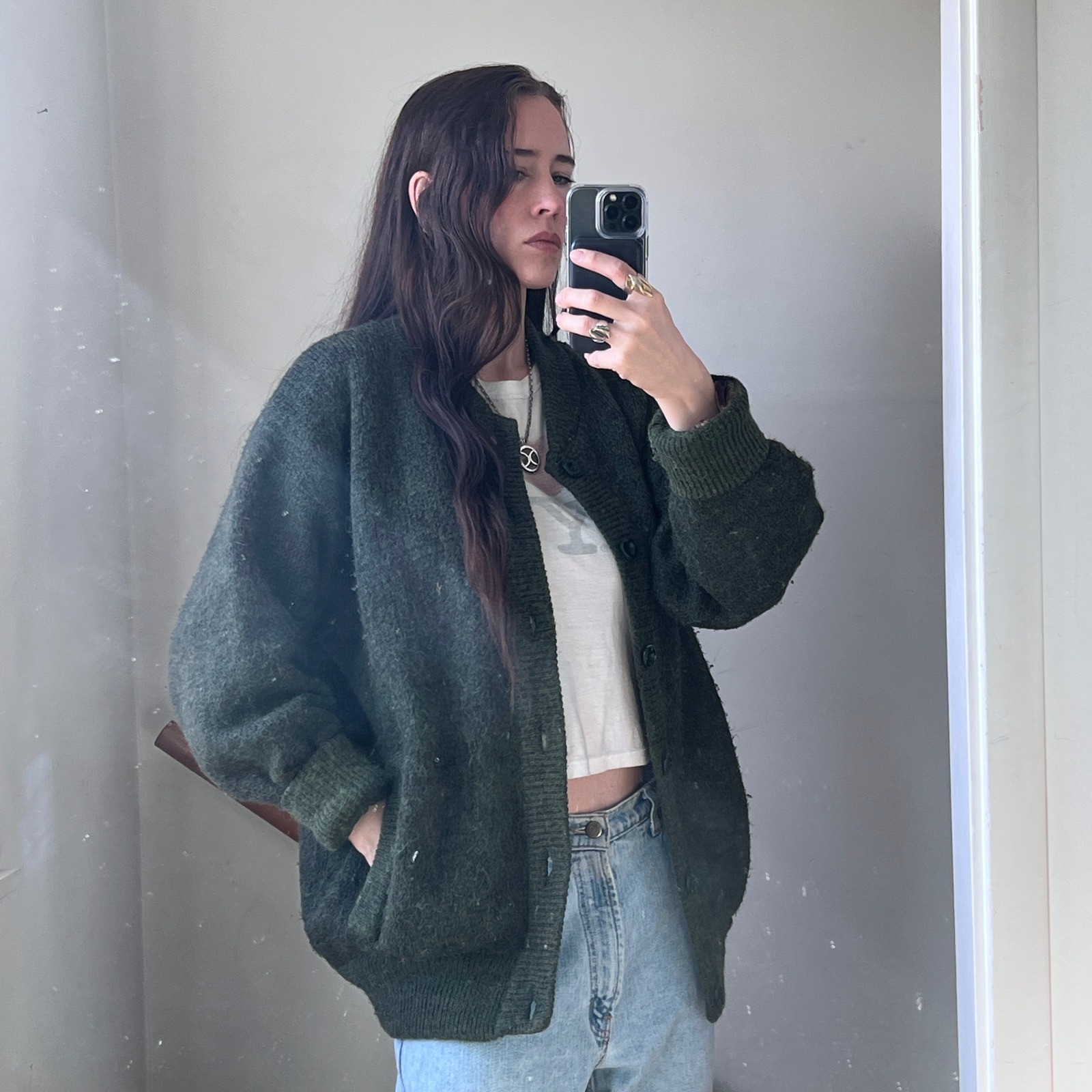 Vintage Cardigan Sweater XL Green Mohair Wool Blend Quilted Lined Oversized
