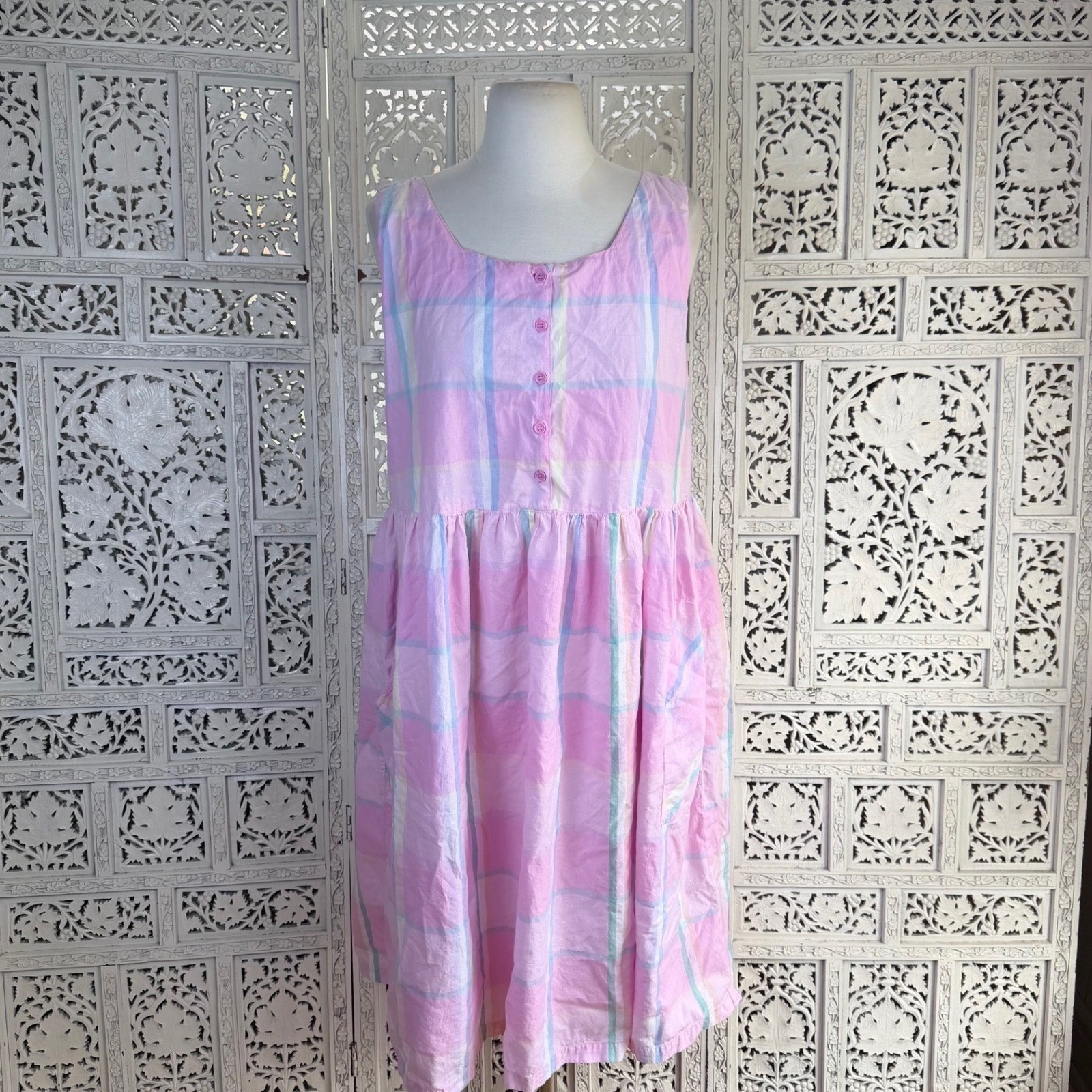 Vtg 80’s Pastel Pink Plaid Retro Preppy Sleeveless Dress Womens Medium