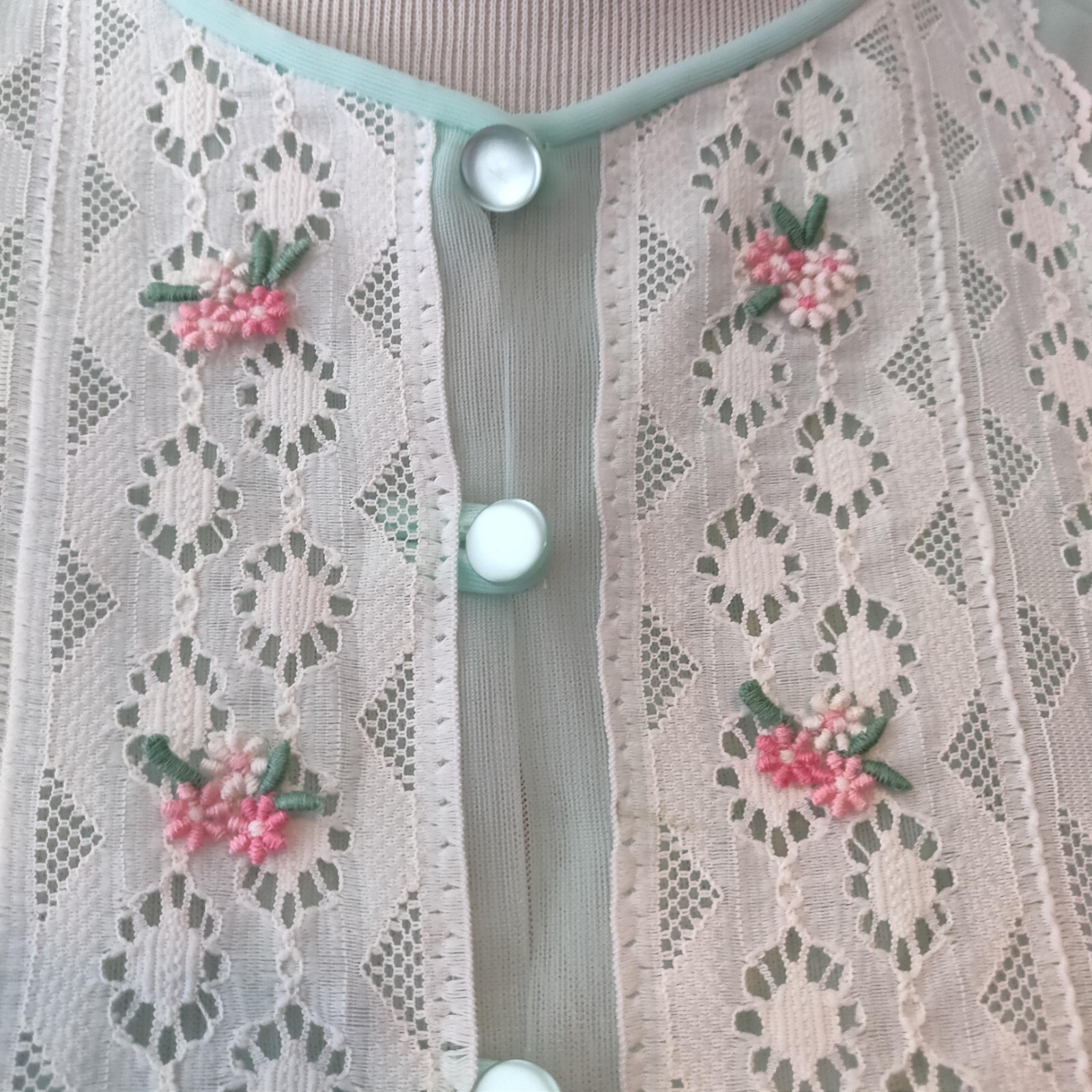 Gilead Womens Vtg Mint Green Lace 1/4 Button Lightweight Semi Sheer Nylon Robe S
