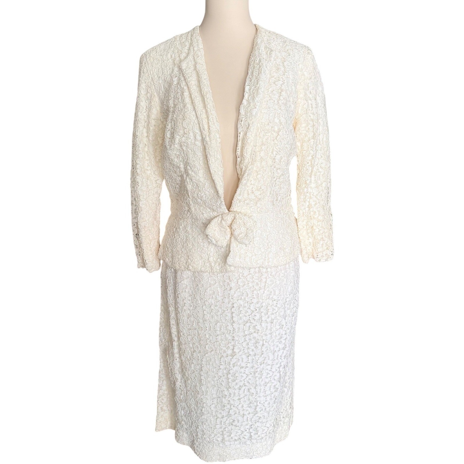 Vintage 1960s Ivory Lace Skirt Suit Set Peplum Jacket and Pencil Skirt 2 Piece
