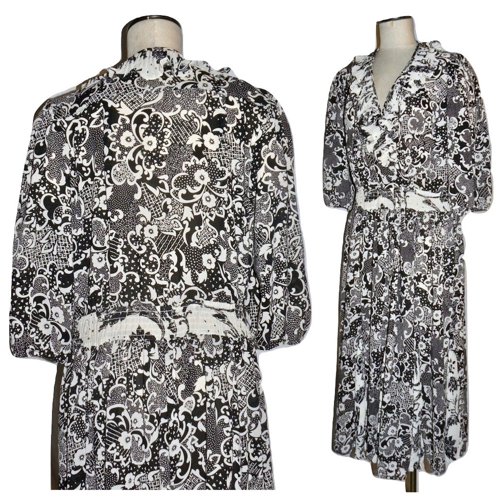 Vintage Susan Freis Black White Graphic Georgette Dress | M/L