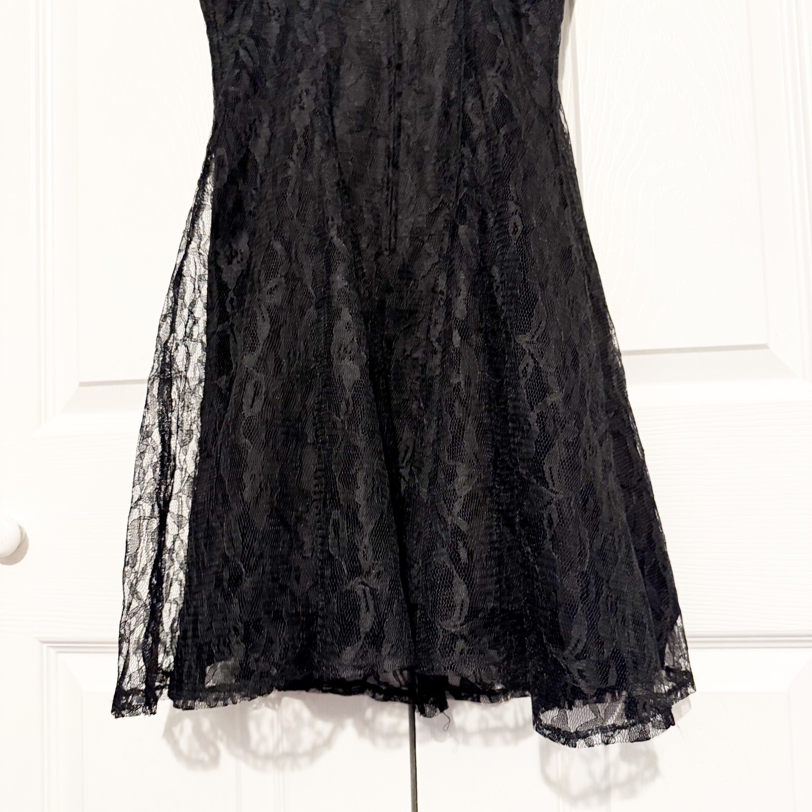 Vintage 80s Mayvens of CA Black Lace Mini Dress Size 3 Cocktail Goth Fit & Flare