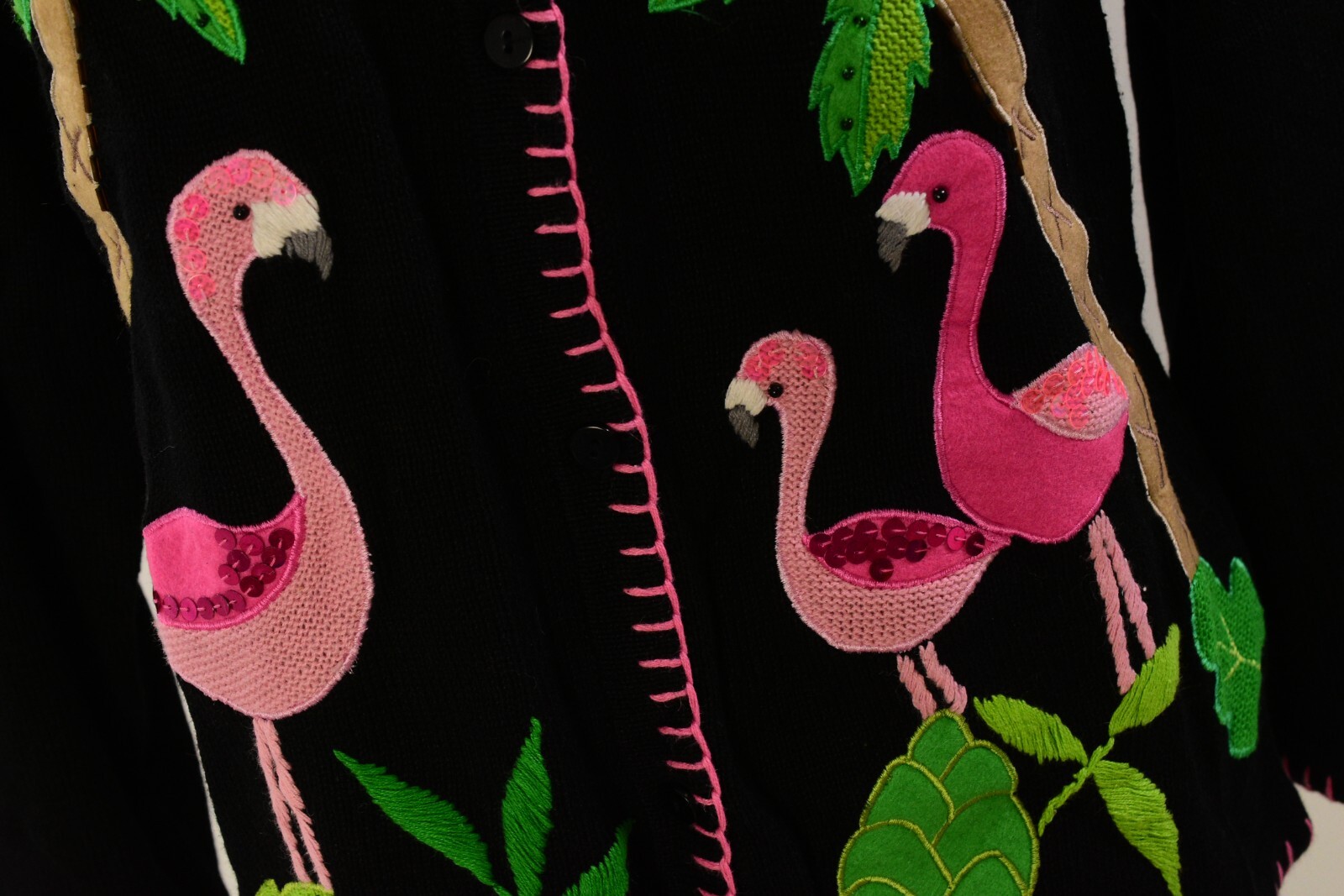 90s Vintage The Quacker Factory Embroidered Beaded Flamingo Cardigan Womens M