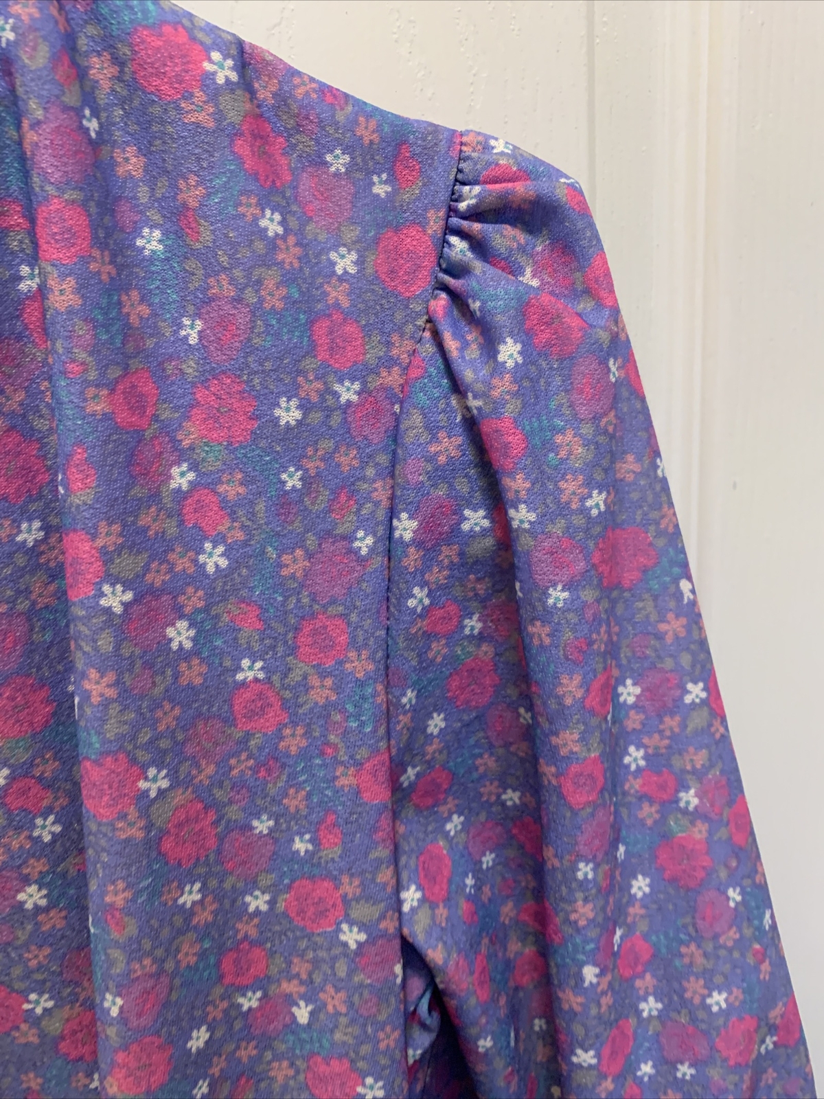 VINTAGE JSE CALIFORNIA 70’S PURPLE FLORAL PUFFY SLEEVE BELTED DRESS NECK TIE 8