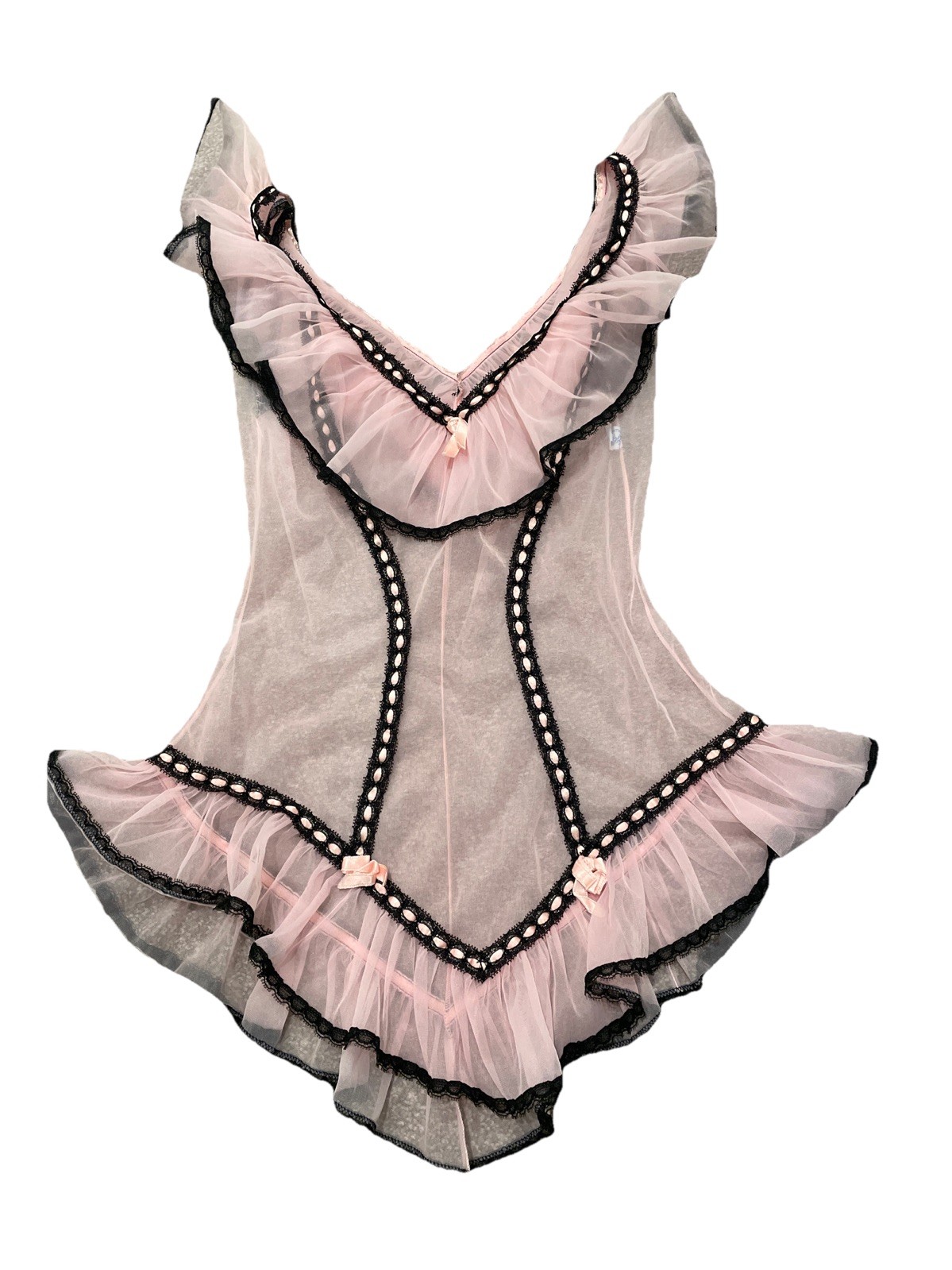 Vintage 1950s Glydons Chiffon Skirted Slip Teddy Pink Black Small Ruffle Pin Up