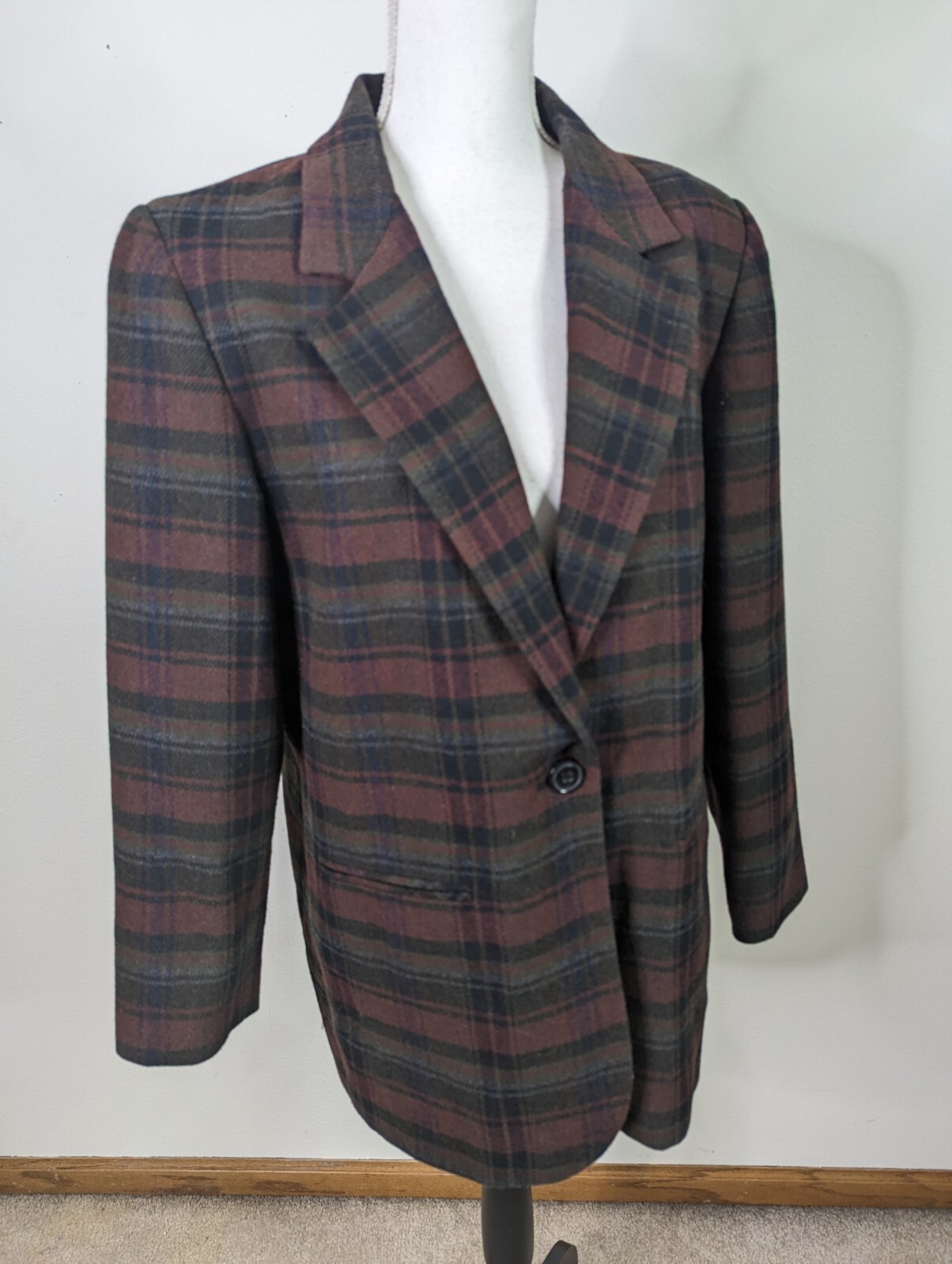 Vintage 90s Relaxed Fit Oversized Plaid Wool Blazer Sport Coat Women’s Medium 12