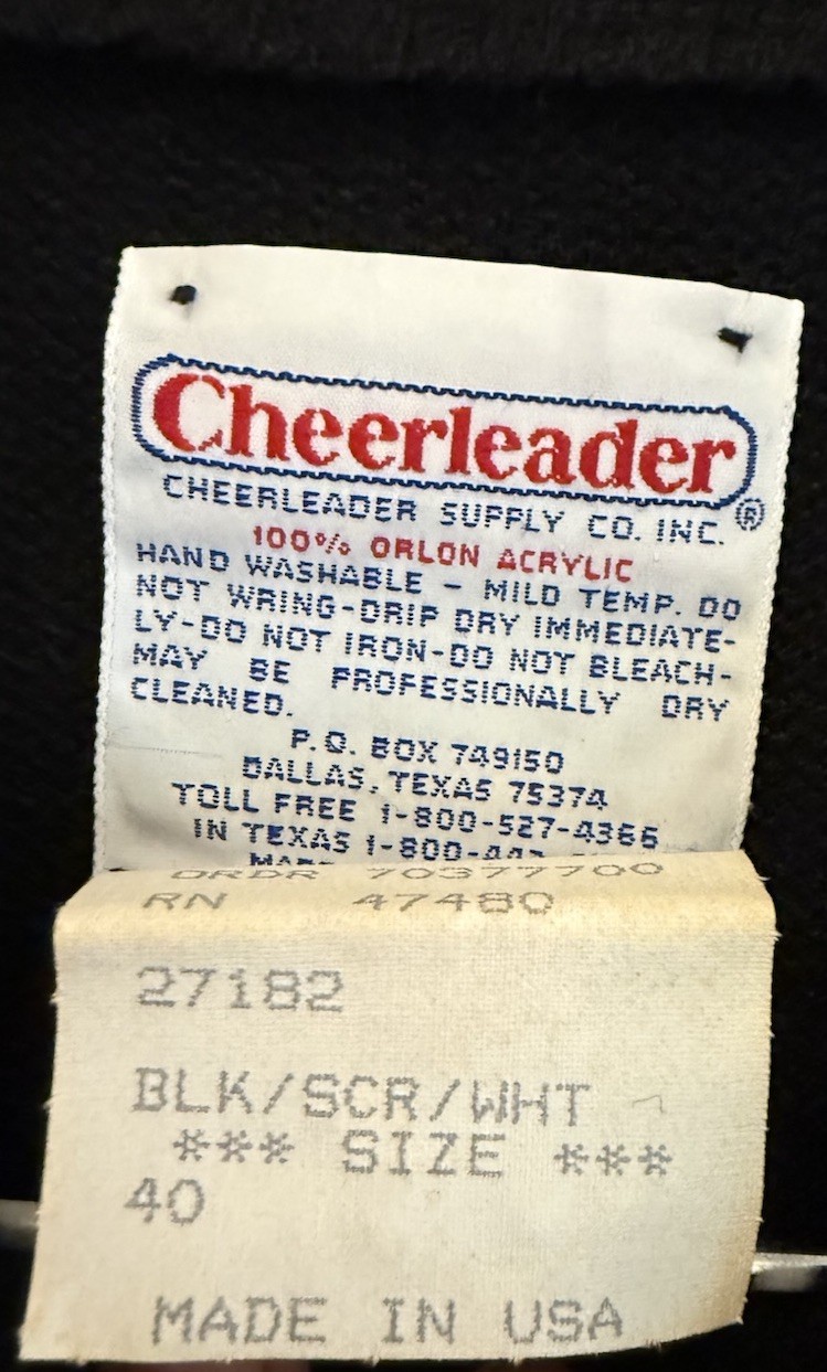 Vintage 70/80s CHEERLEADER Supply Co Cheer Sweater USA Black Scr Red White Sz 40