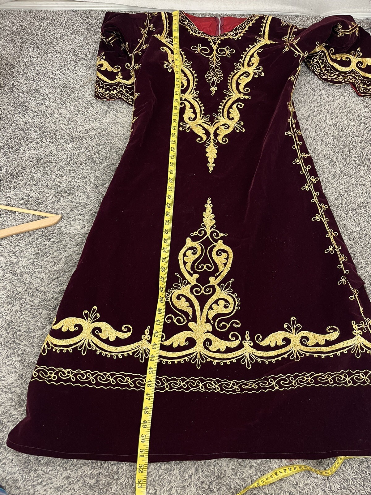 Vintage Burgundy Velvet Gold Embroidered Caftan Boho Dress Bell Sleeve