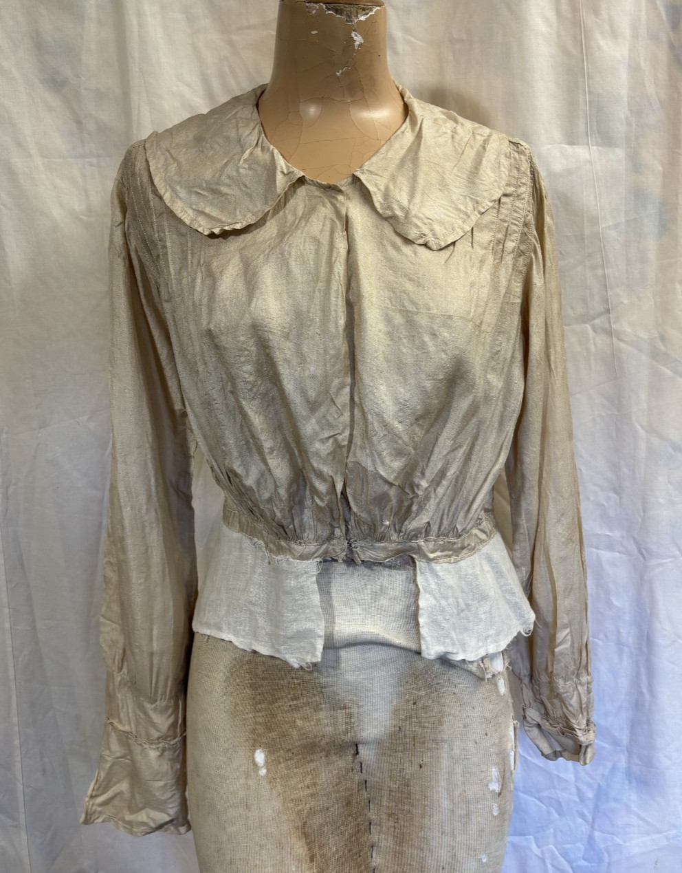 Antique Edwardian Victorian Women’s Taupe Silk Blouse Shirt Top As Found