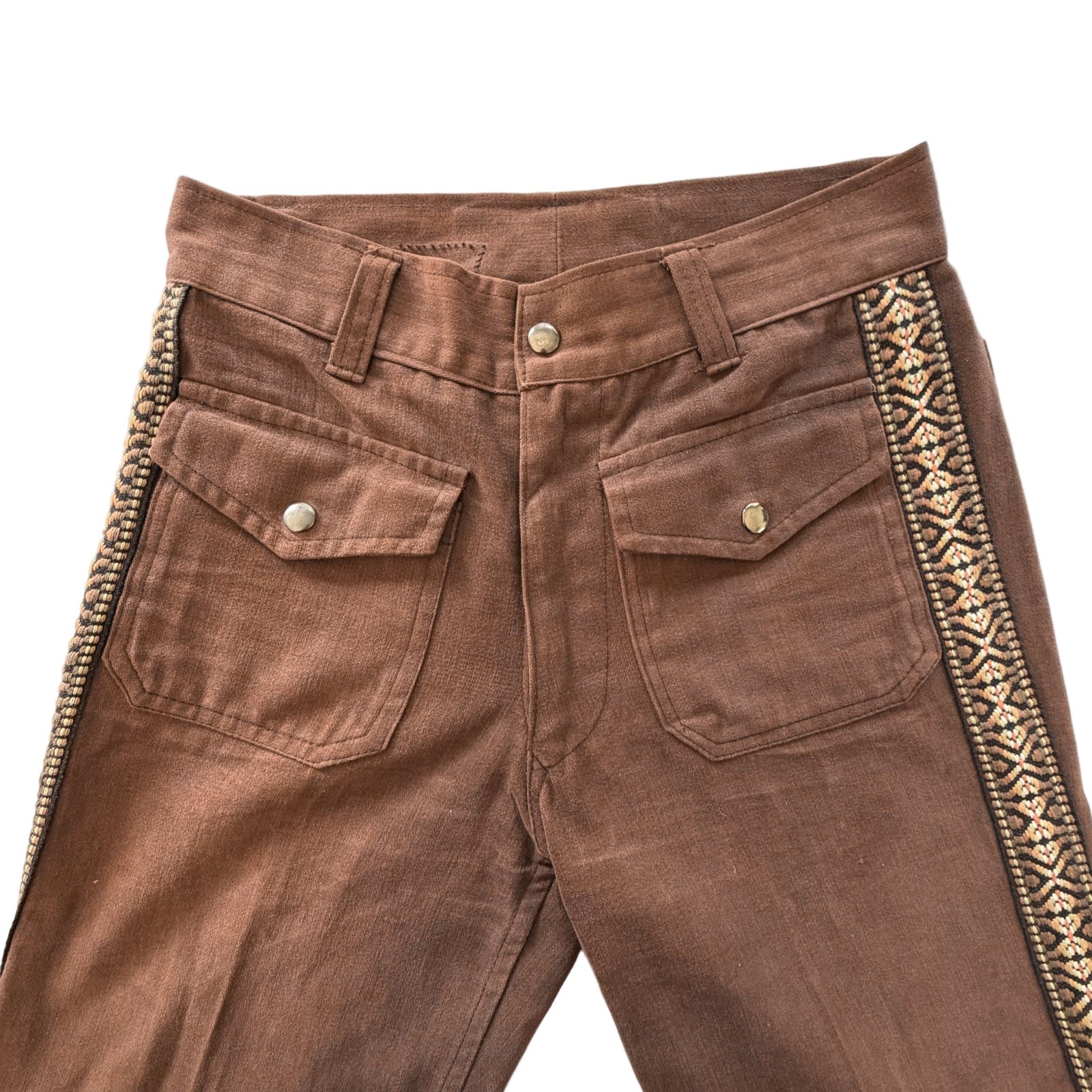 VTG Brown Bell Bottom Jeans, Tapestry Banding, 70s/80s Hippie Pants 29″ Waist