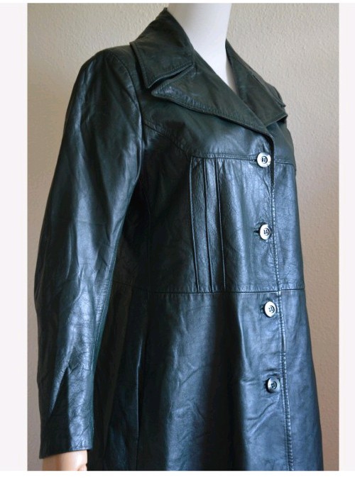 Vintage 1970s forest green Leather Trench Coat dark green 70s boho long retro S