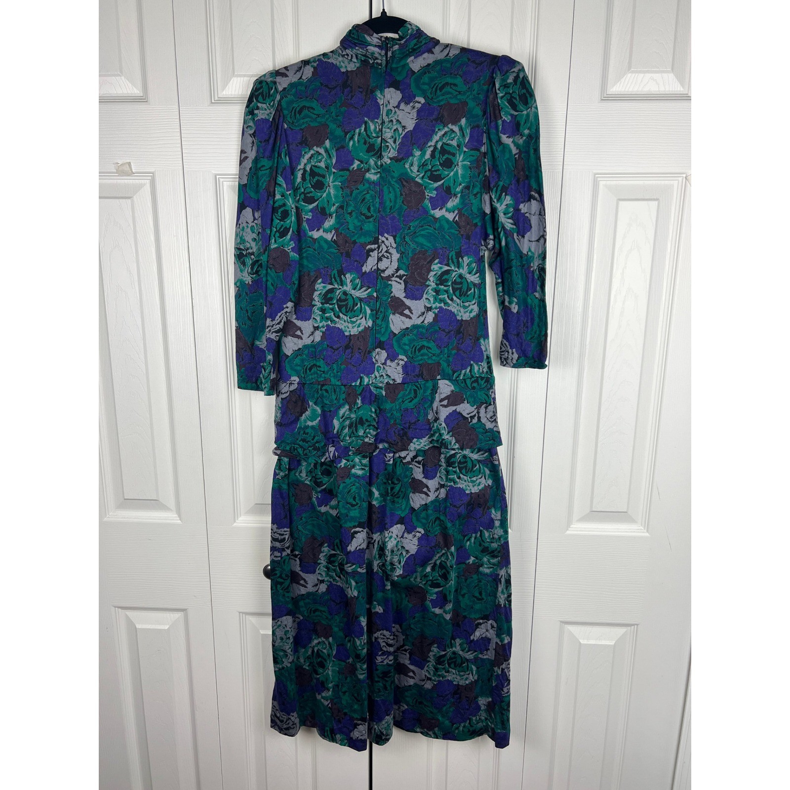 90s Floral Midi Dress Shoulder Pads Draped Waist Secretary Dress Rayon Medium