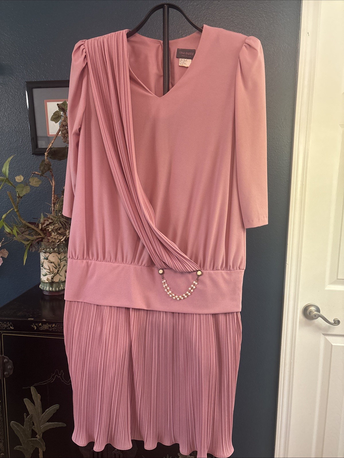 WOMENS VINTAGE SIZE 9-10 MAUVE PINK ROSE PLEATED 3/4 SLEEVE DROP WAIST DRESS