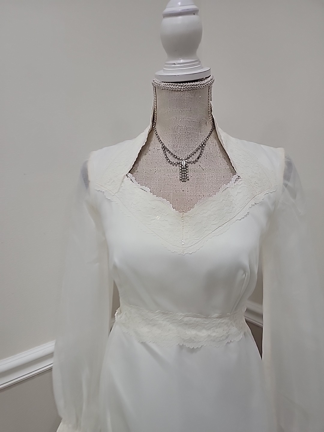 VTG’70s JCPENNEY Off White Organza/Prairie Pioneer Wedding Dress/Long Sleeve