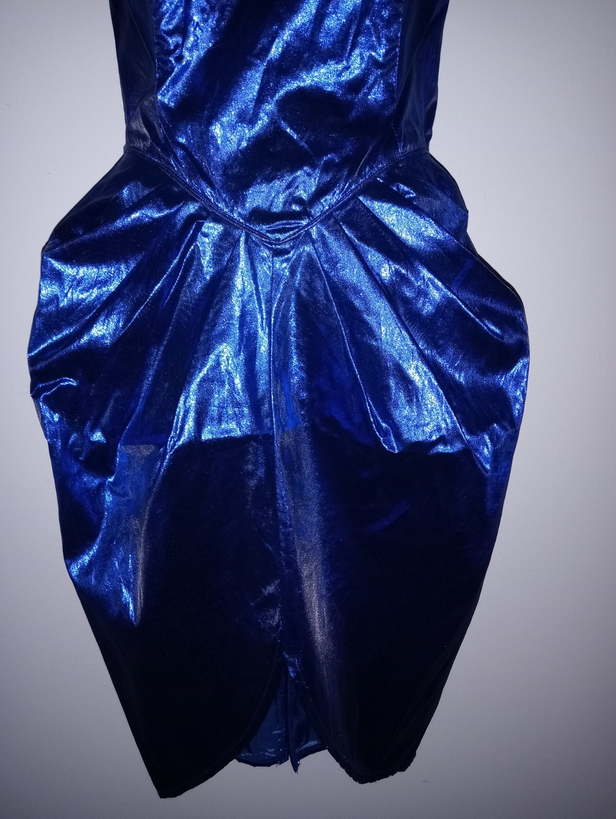 Vtg 80s Couture L.A. GLO dress metallic blue strapless bodycon peplum boning