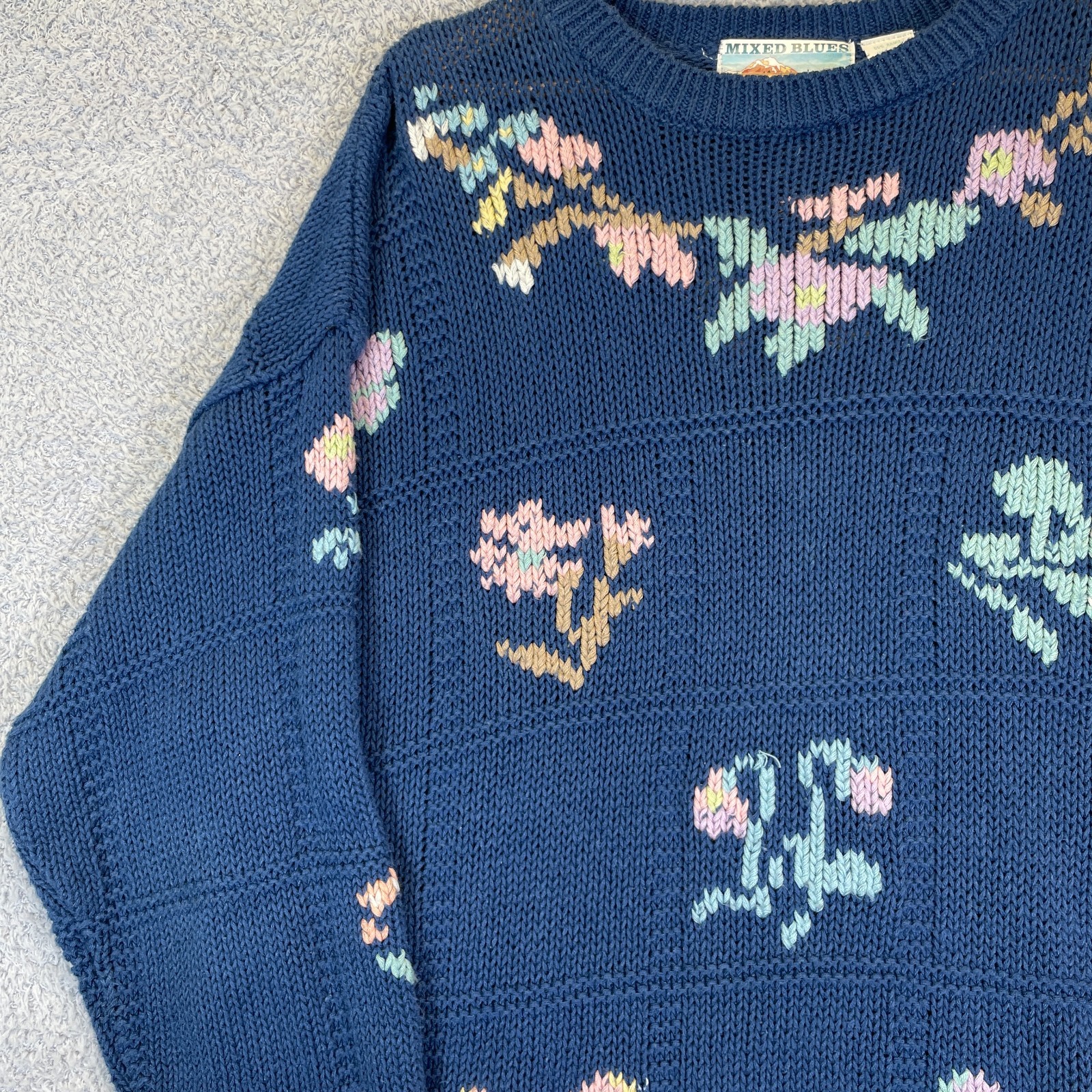 Vintage 90s Mixed Blues Floral Butterfly Sweater Cottagecore Grandmacore Large