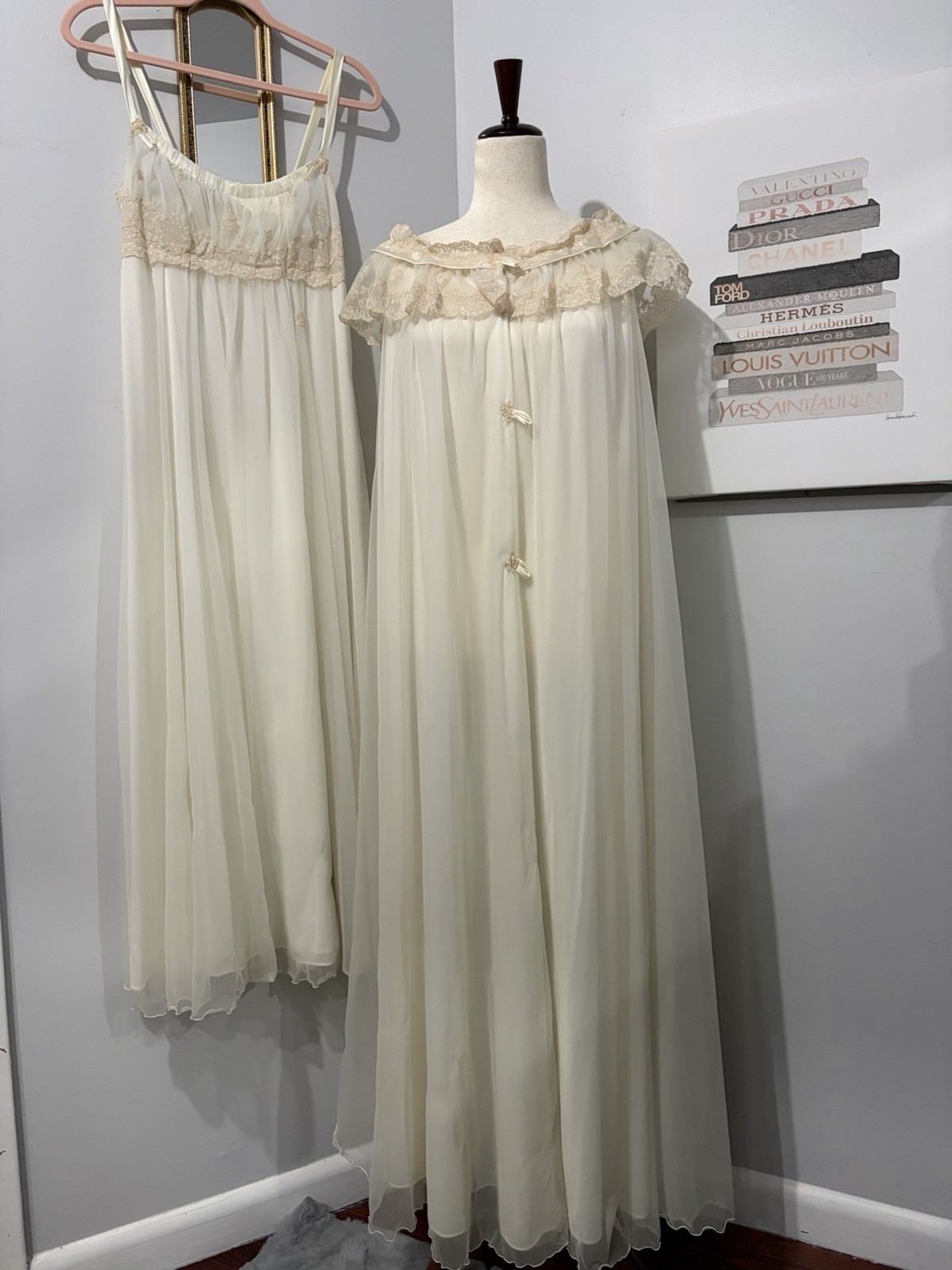 Vintage 1960s Alice Maloof Peignoir Set – Nightgown & Robe in Ivory Cream Lace