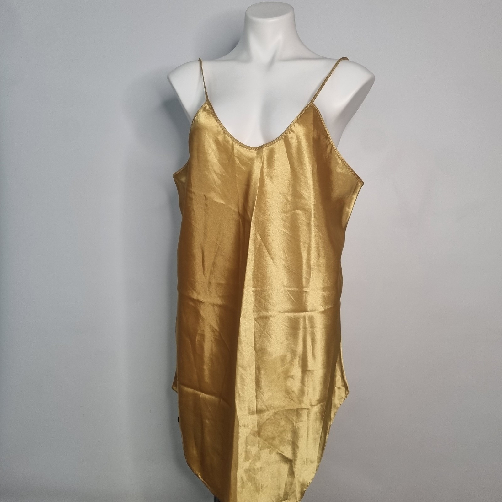 VTG Undercover Wear Sexy Gold Nightgown Strappy Nightie Slip Satin USA Sz L