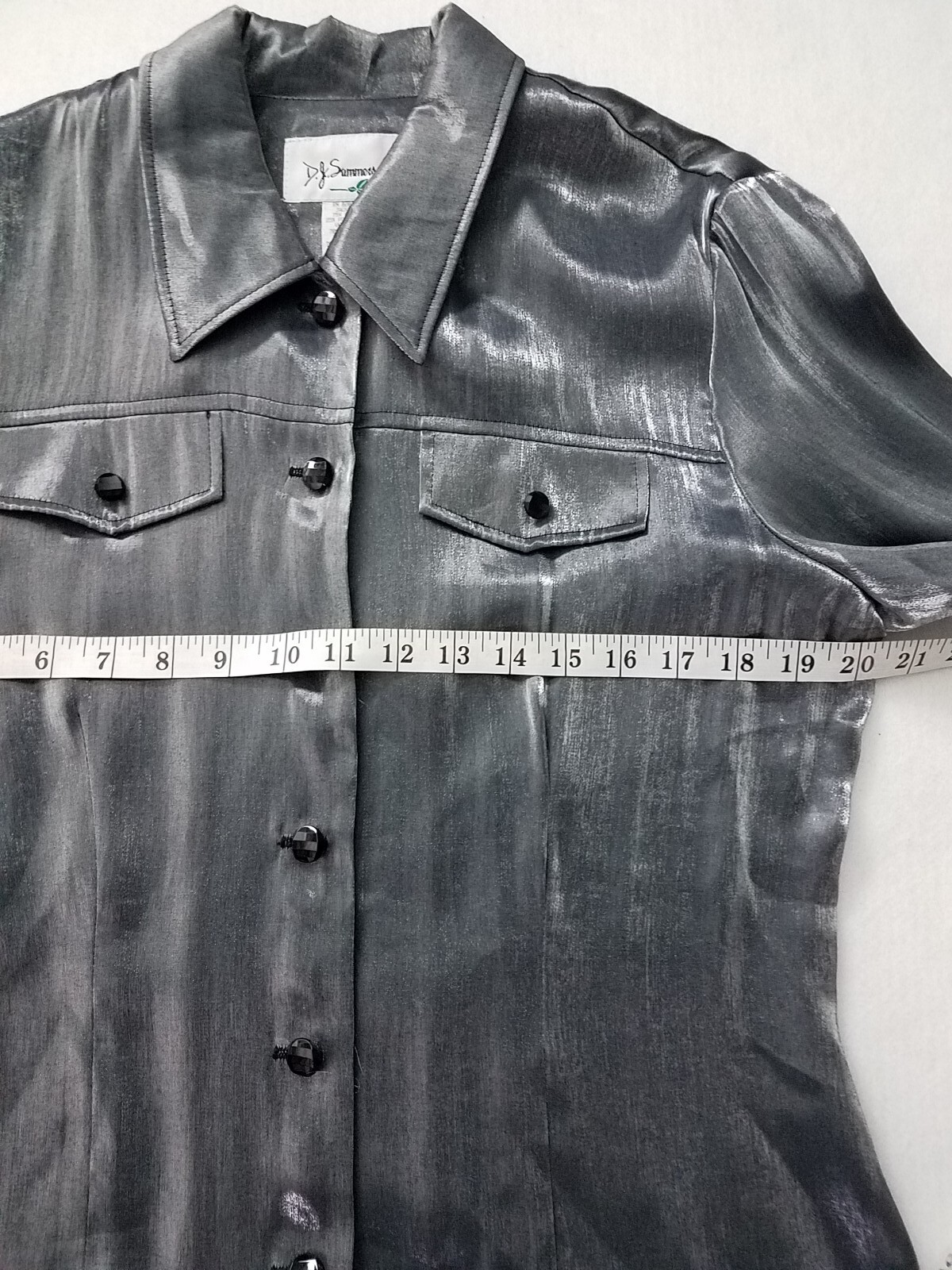 D.J. SUMMERS Disco 80’s Women’s Sz 12 Shirt Gray Shiny Satin Collar Buttons USA