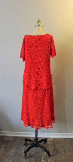 Vintage 1970s Thumbs Up Red Crochet Lace Acrylic Knit Skirt Top Blouse Dress Set