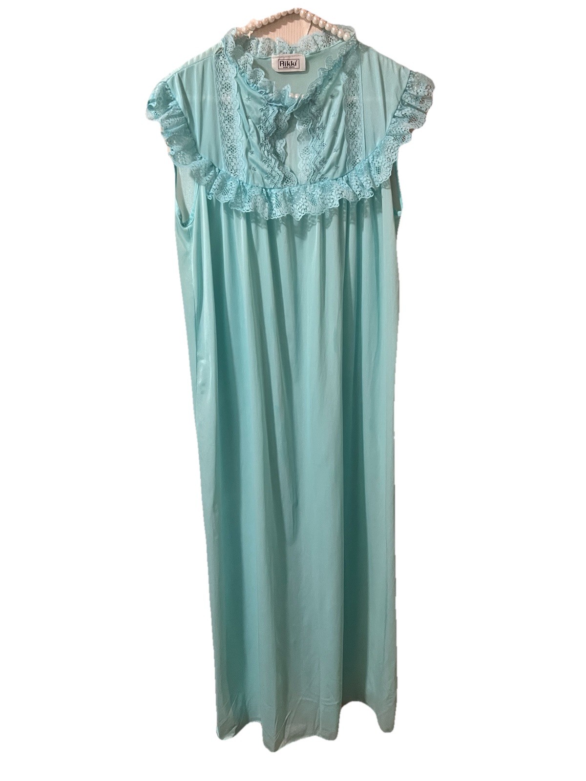Vtg Rikki New York Long Blue Nylon Nightgown Sz LG