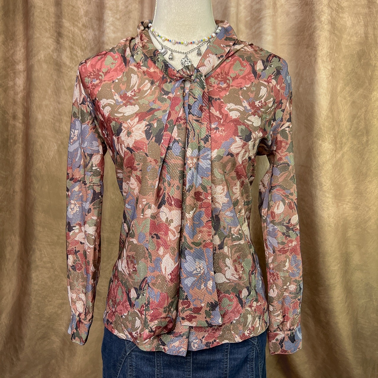 Vintage Floral Shirt 70s Neck Tie Blouse Metallic Button Up Multicolor Disco