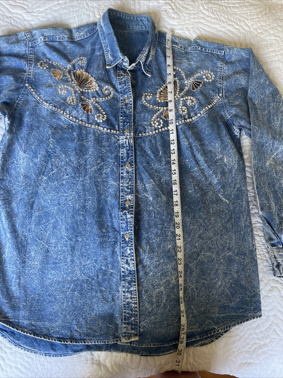 90s Vintage Christopher Ari Size XL Oversized Blue Stonewash Denim Shirt Sequin