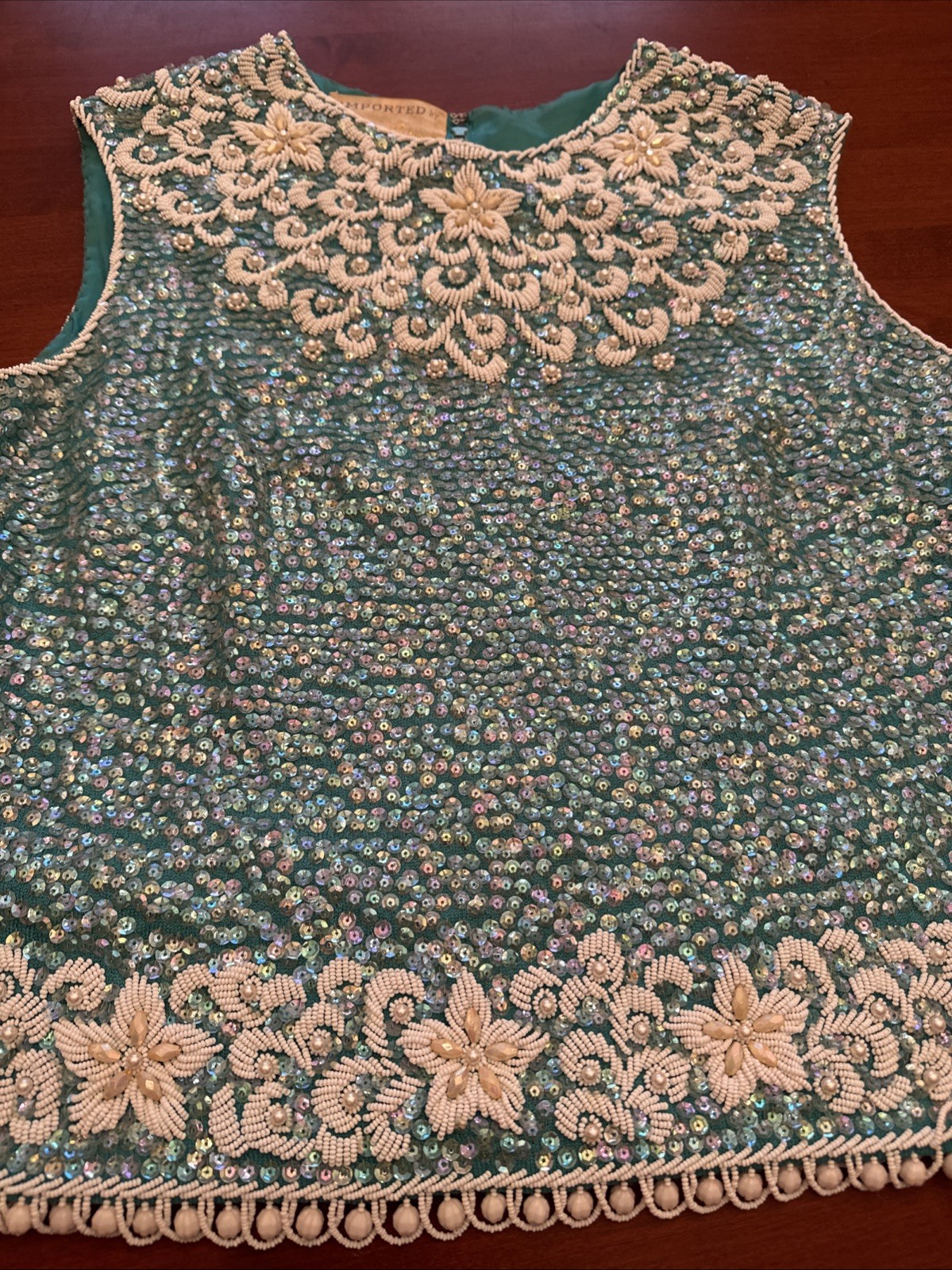 Vtg Riviera Sequins & Beads Sleeveless Wool Top Size Med Teal Blue White 1960s