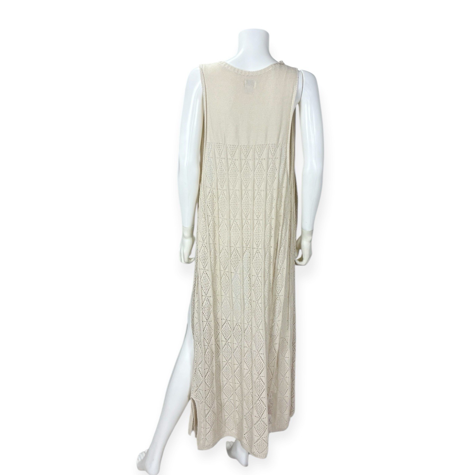 Keren Hart Women’s Vintage Beige Knit Sleeveless Long Duster Boho Festival XL