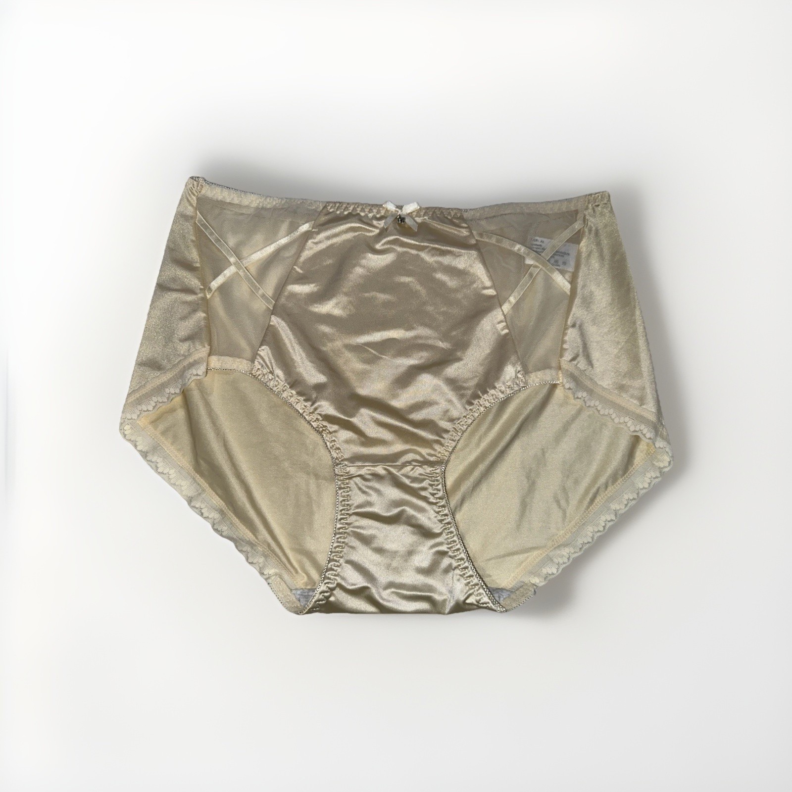 ~Panties Ivory Nylon Blended Lace Trim Cotton Gusset XL Bow and Gem New Shiny