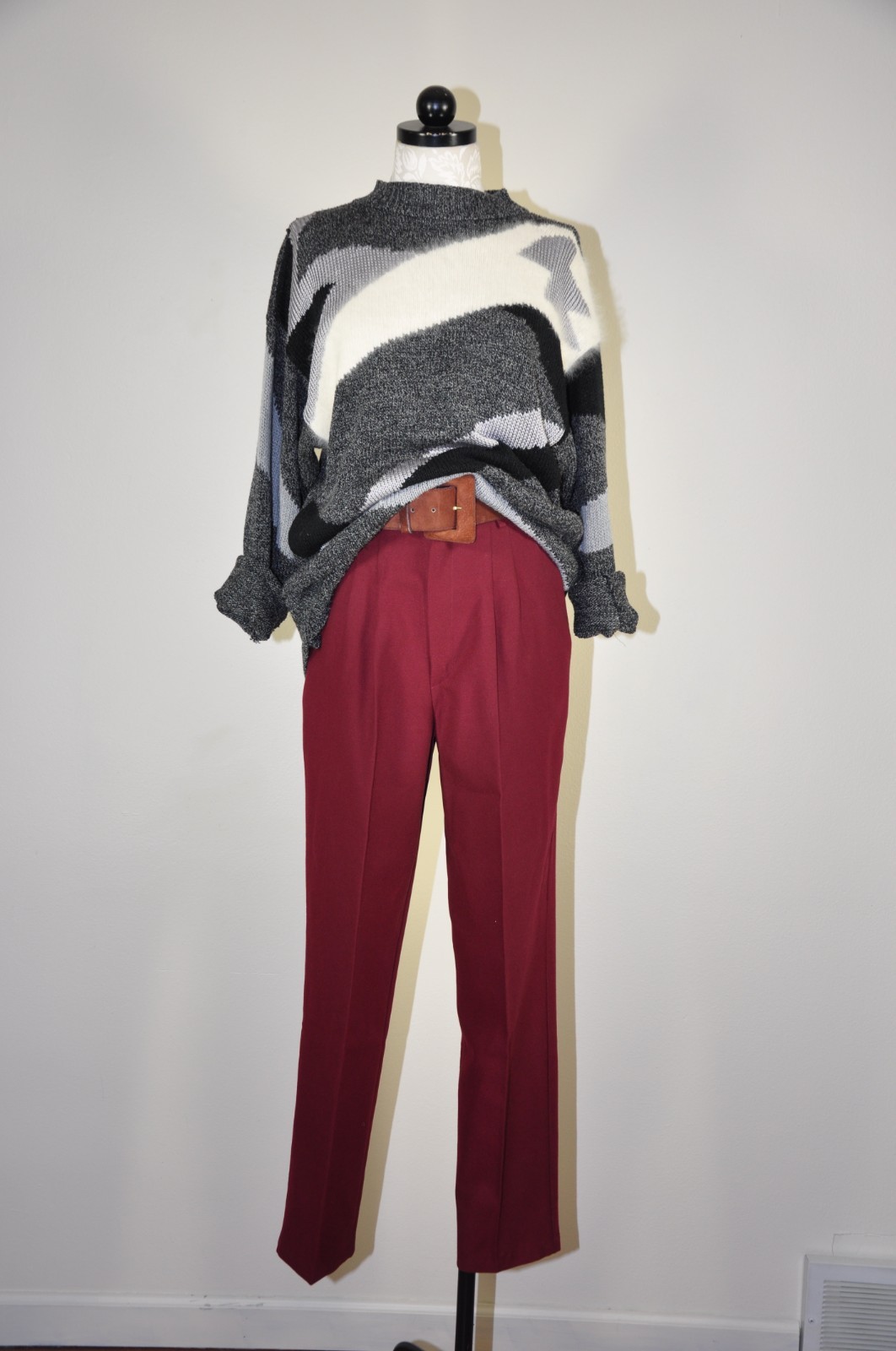 90s Vintage Gray Angora Rayon Colorblock Crewneck Boyfriend Sweater Women M L