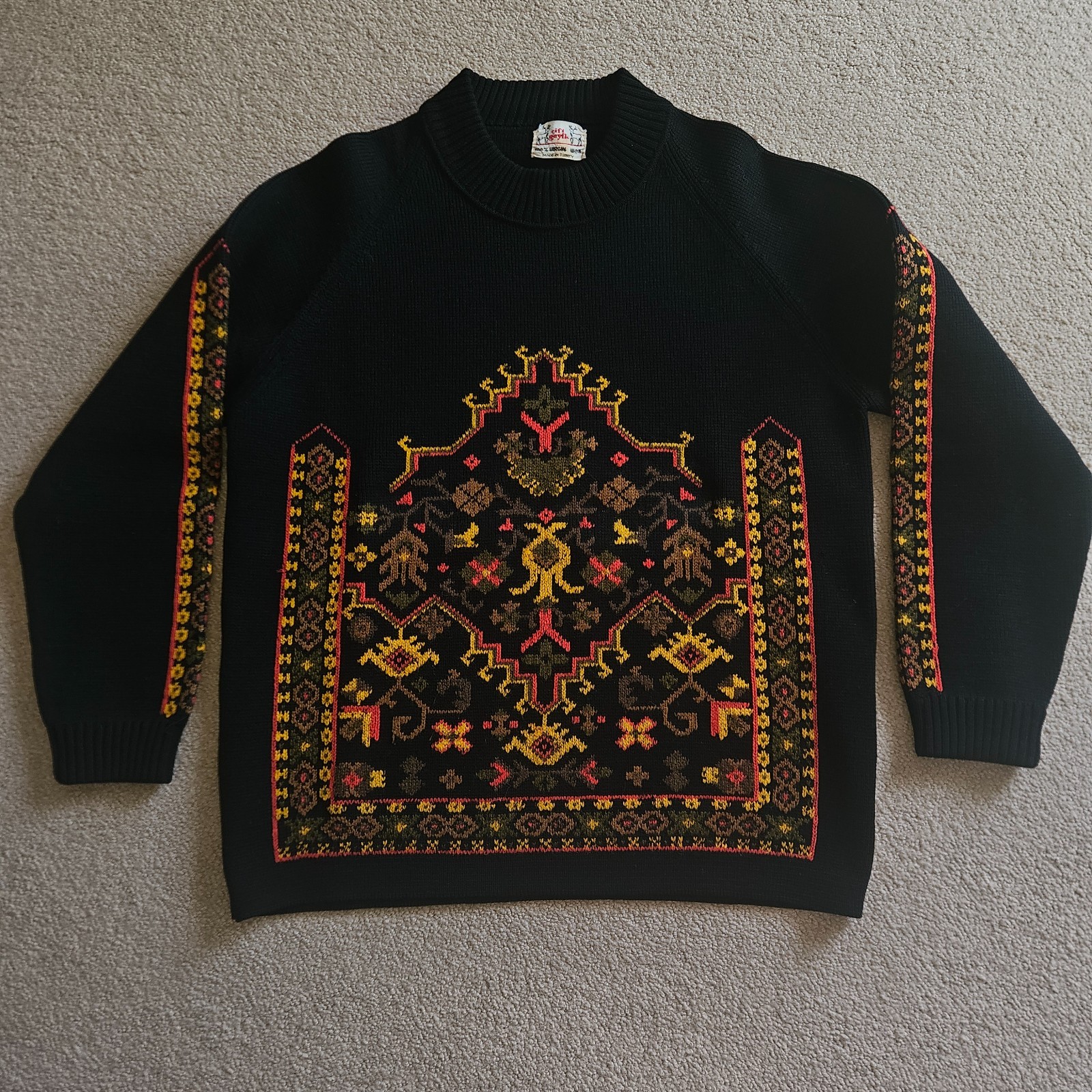 Vintage Cift Geyik Hand Knit Sweater Embroidered 100% Virgin Wool Turkey