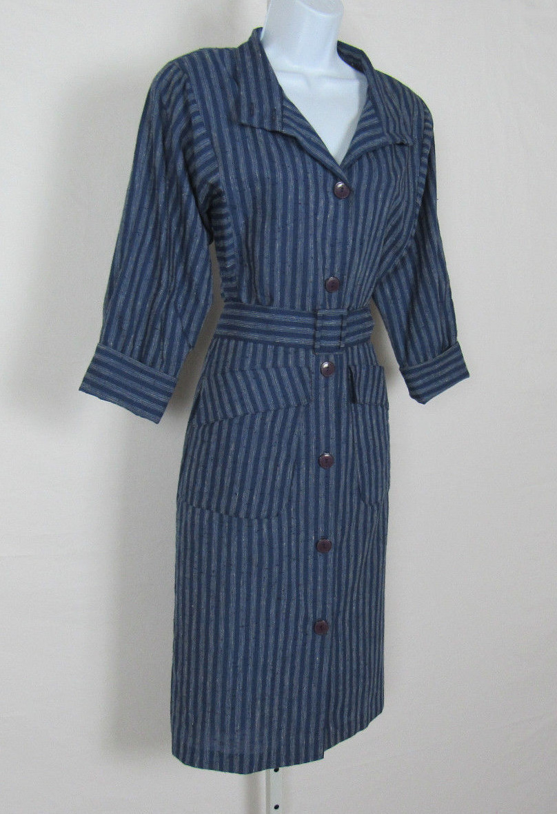 VTG 1970s 80s ALEXIS FASHIONS INC. DRESS SIZE 8 BLUE GRAY COTTON BLEND? BELT